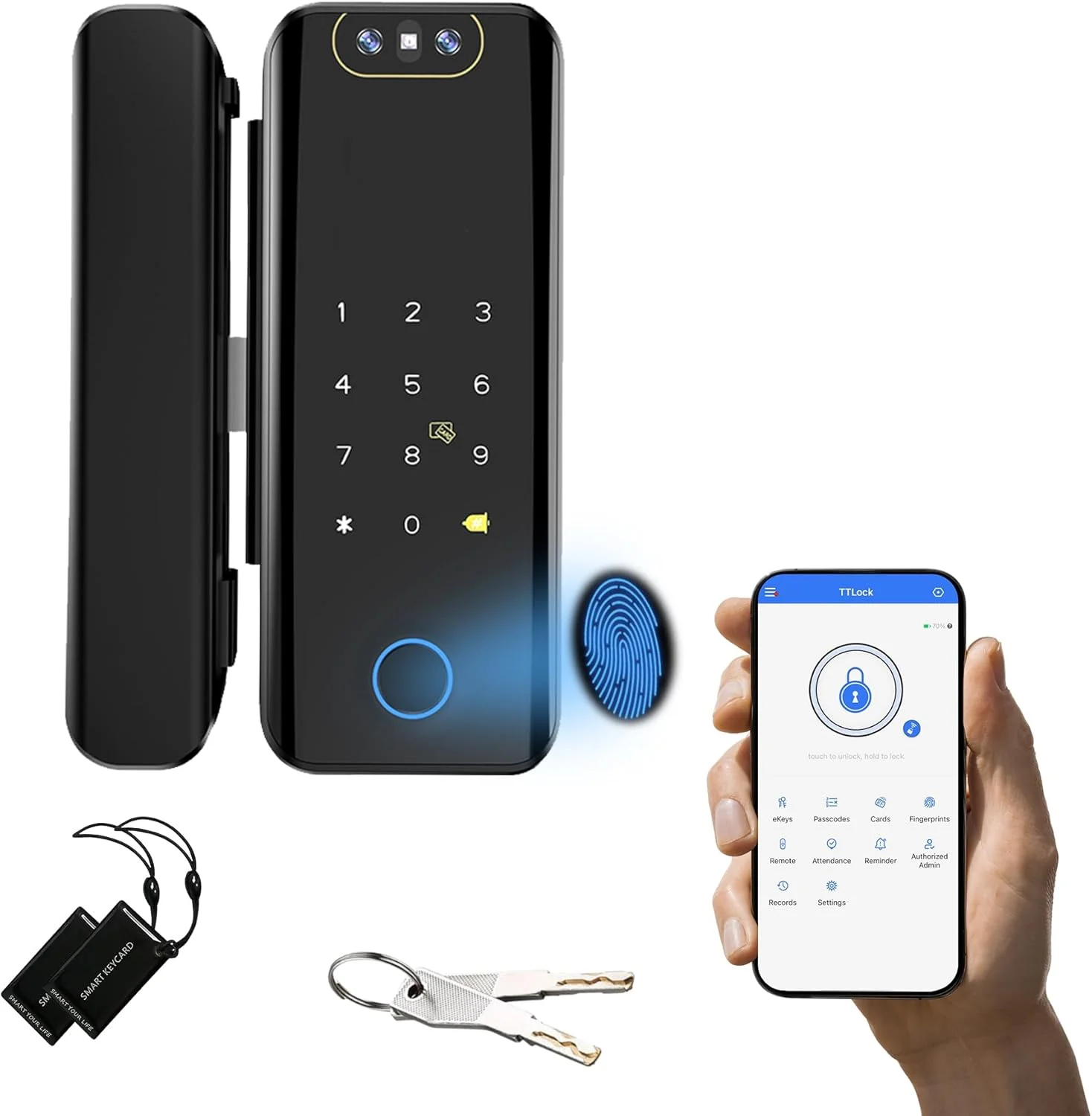 قفل هوشمند تشخیص چهره سه بعدی Altix GX Pro، قفل بدون کلید برای درب های شیشه ای کشویی و اداری با قابلیت باز کردن از طریق اپلیکیشن TTLOCK، اثر انگشت، کارت RFID، رمز عبور، کنترل از راه دور و کلید (مشکی)