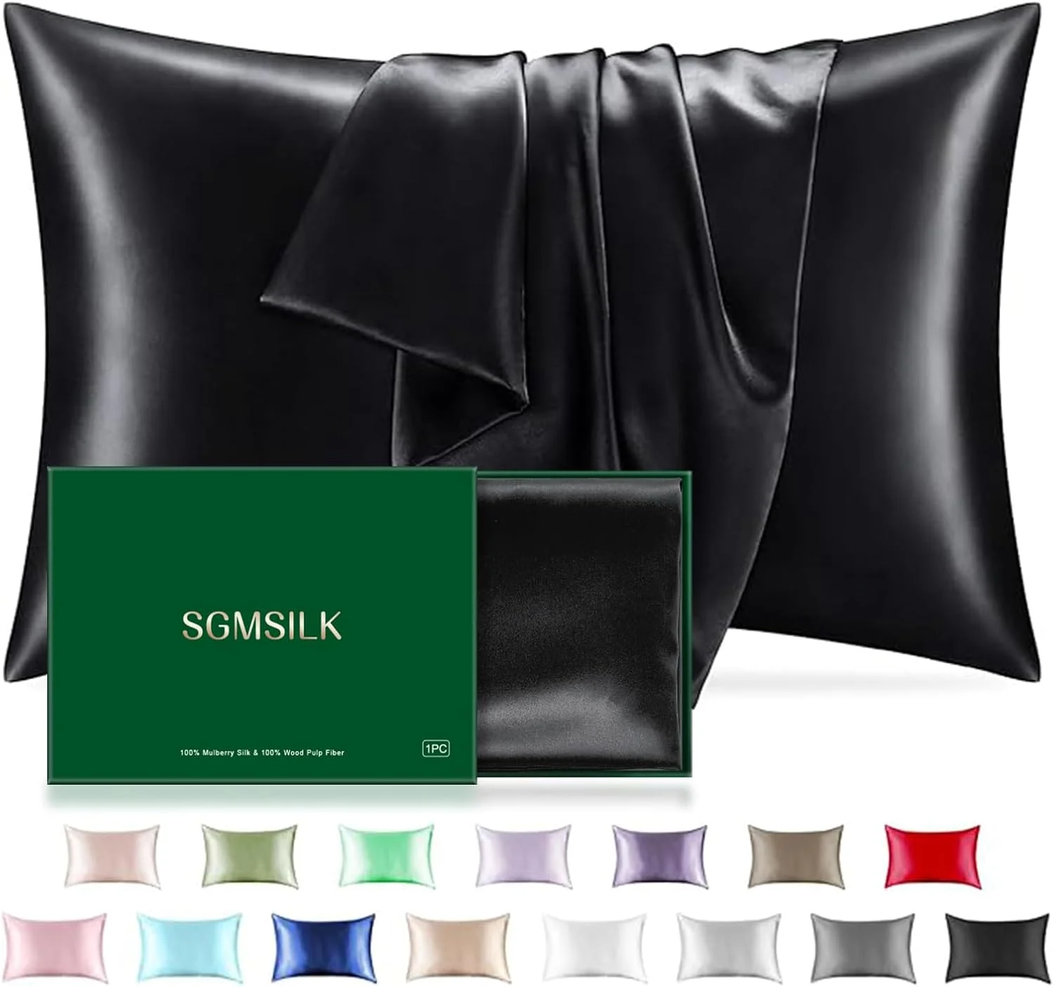 روبالشتی ابریشمی SGMSILK برای مو و پوست سایز کویین، 22 Momme 6A با بافت نرم و لطیف از ابریشم توت، کاهش شکستگی مو و جلوگیری از چین و چروک، مشکی، 50x76 سانتی متر روبالشتی ابریشمی SGMSILK برای مو و پوست سایز کویین، 22 Momme 6A با بافت نرم و لطیف از ابریشم توت، کاهش شکستگی مو و جلوگیری از چین و چروک، مشکی، 50x76 سانتی متر