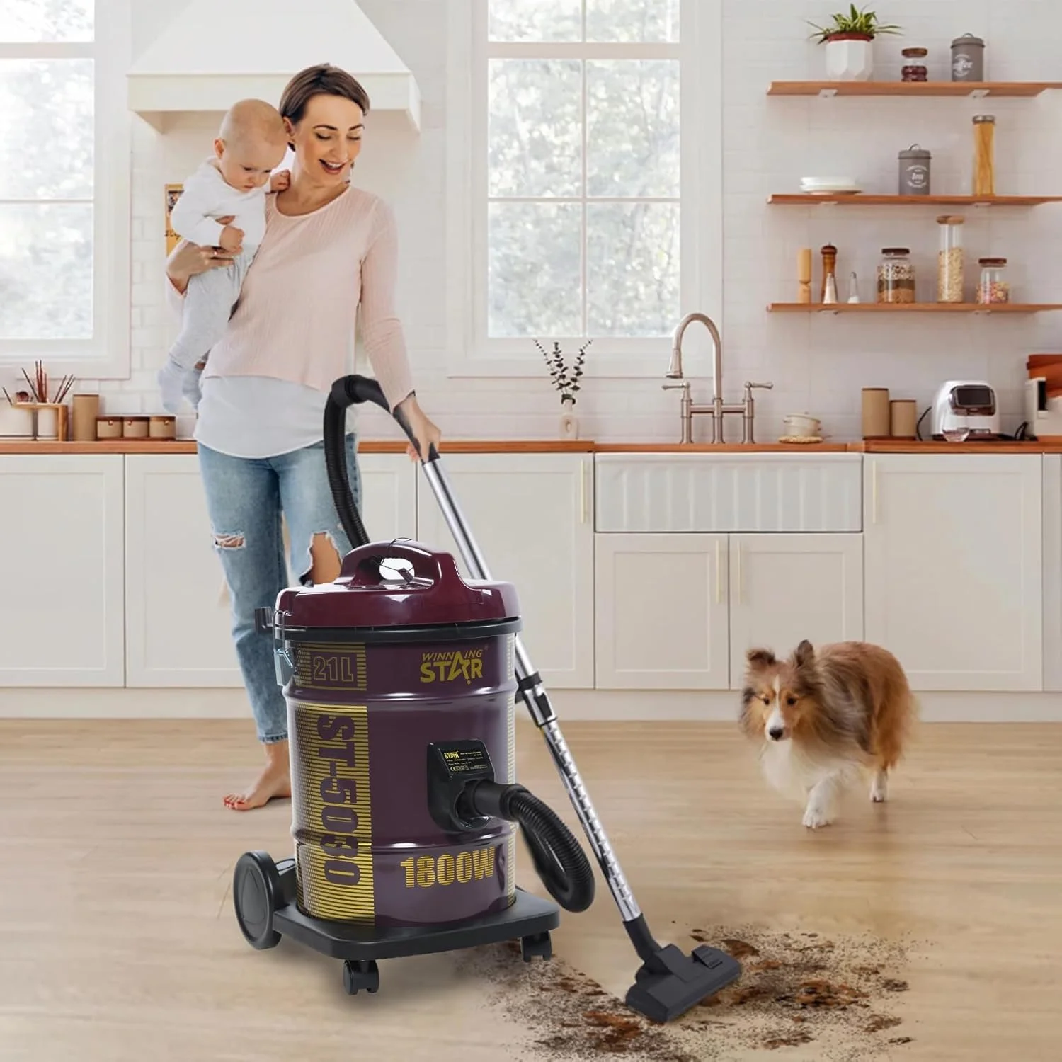 جاروبرقی سطلی آب و خاک Winning Star با موتور 1800 وات Powerforce، فیلتر فوم، برس کف، نازل ها و لوله ها برای تمیز کردن خانه، گاراژ و کارگاه (قهوه ای)