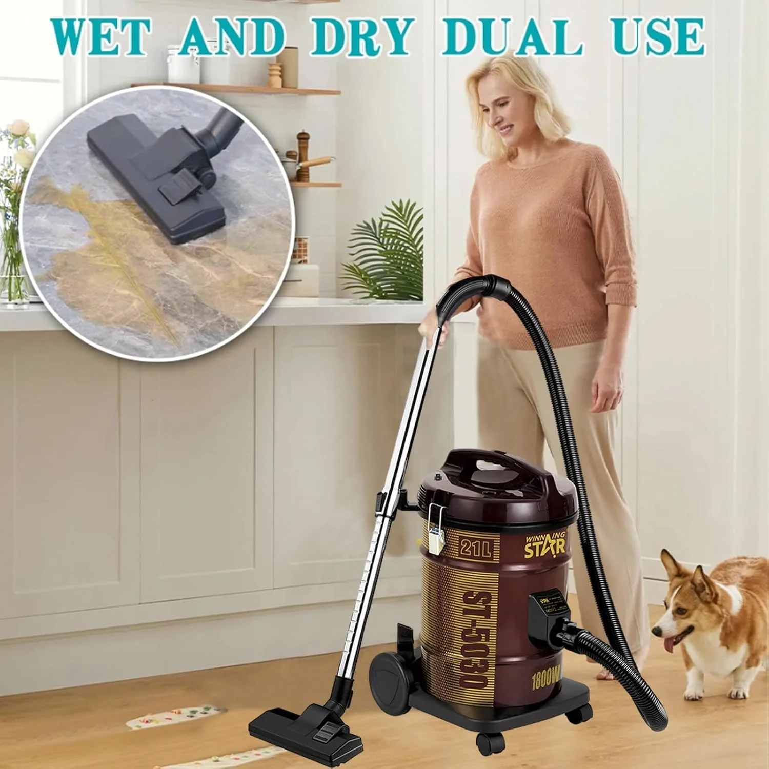 جاروبرقی سطلی آب و خاک Winning Star با موتور 1800 وات Powerforce، فیلتر فوم، برس کف، نازل ها و لوله ها برای تمیز کردن خانه، گاراژ و کارگاه (قهوه ای)