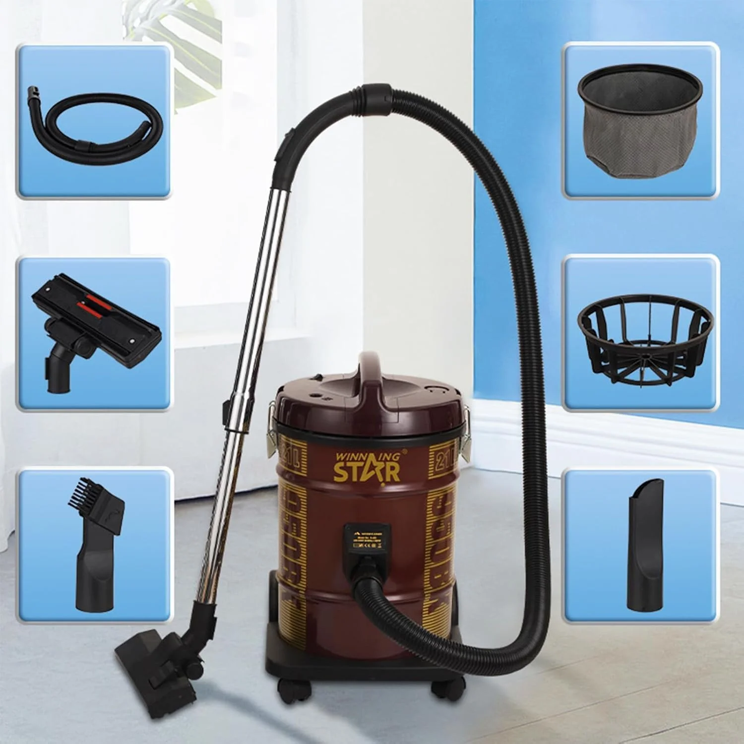 جاروبرقی سطلی آب و خاک Winning Star با موتور 1800 وات Powerforce، فیلتر فوم، برس کف، نازل ها و لوله ها برای تمیز کردن خانه، گاراژ و کارگاه (قهوه ای)