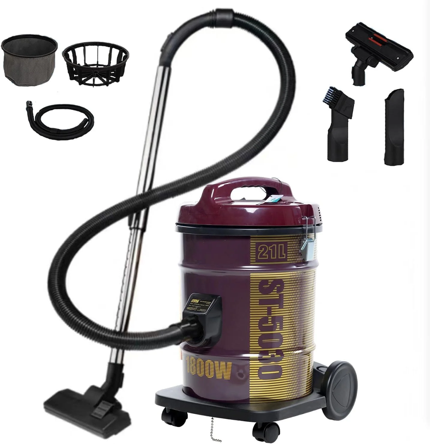 جاروبرقی سطلی آب و خاک Winning Star با موتور 1800 وات Powerforce، فیلتر فوم، برس کف، نازل ها و لوله ها برای تمیز کردن خانه، گاراژ و کارگاه (قهوه ای)