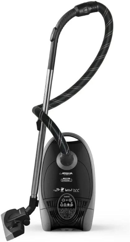 جاروبرقی آرشیا – مکش قدرتمند 410 وات، فیلتر HEPA، سیم 8 متری، کنترل 5 سرعته، صدای کم، تمیز کردن چند سطحی با سری های مختلف، نشانگر پر بودن کیسه گرد و غبار