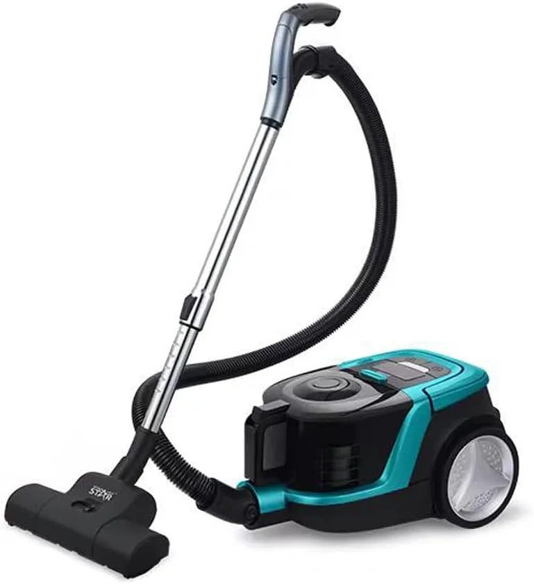 جاروبرقی بدون کیسه، 2500 وات، دسته کنترل از راه دور، سیم 4.5 متری، نمایشگر LED، جمع شدن خودکار سیم، مشکی/فیروزه ای