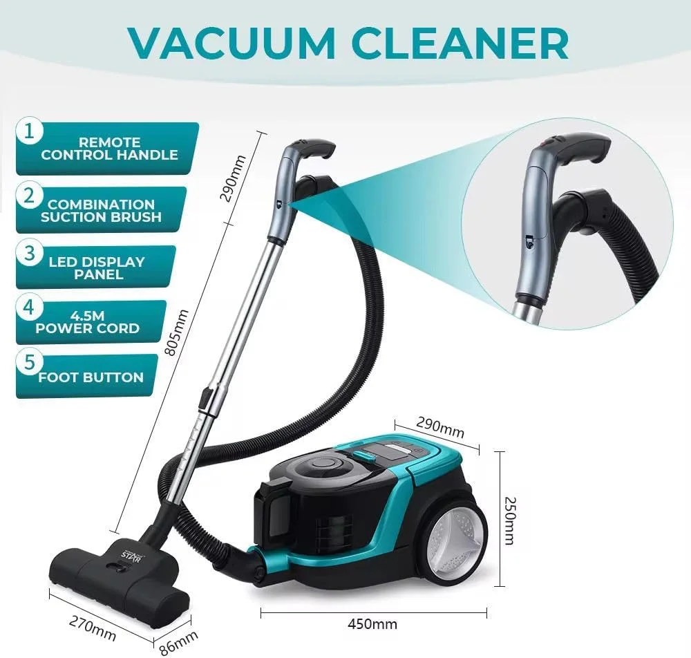 جاروبرقی بدون کیسه، 2500 وات، دسته کنترل از راه دور، سیم 4.5 متری، نمایشگر LED، جمع شدن خودکار سیم، مشکی/فیروزه ای جاروبرقی بدون کیسه، 2500 وات، دسته کنترل از راه دور، سیم 4.5 متری، نمایشگر LED، جمع شدن خودکار سیم، مشکی/فیروزه ای