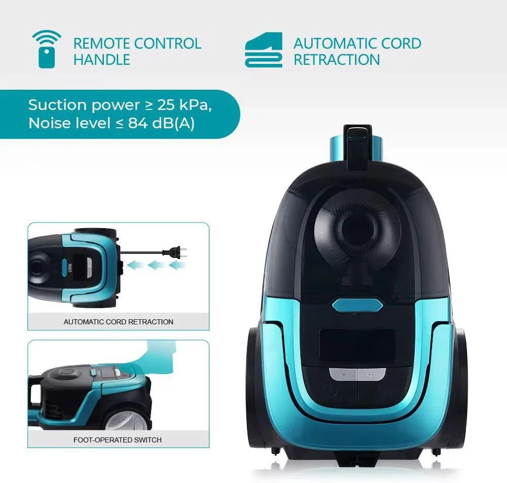 جاروبرقی بدون کیسه، 2500 وات، دسته کنترل از راه دور، سیم 4.5 متری، نمایشگر LED، جمع شدن خودکار سیم، مشکی/فیروزه ای جاروبرقی بدون کیسه، 2500 وات، دسته کنترل از راه دور، سیم 4.5 متری، نمایشگر LED، جمع شدن خودکار سیم، مشکی/فیروزه ای