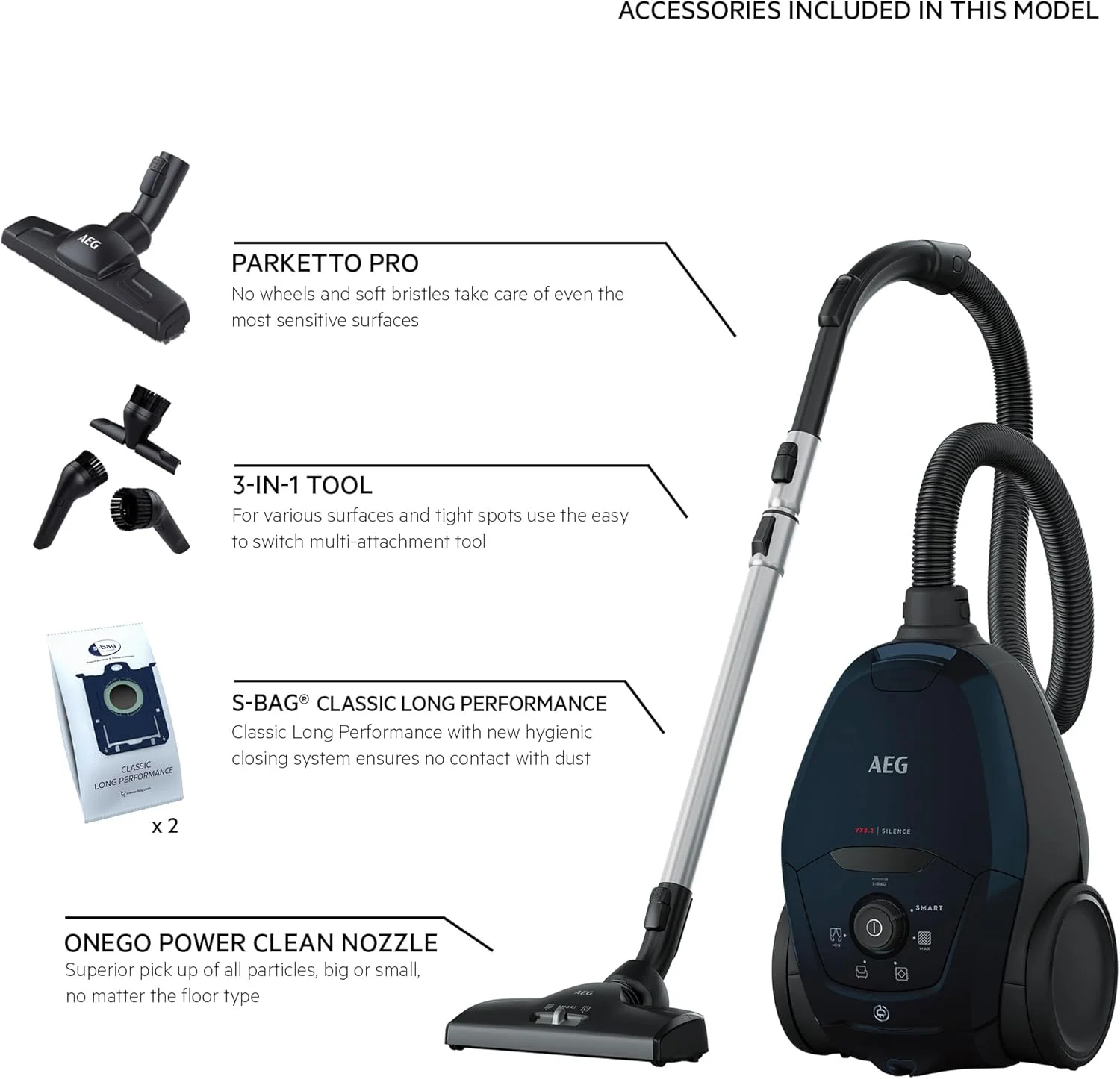 جاروبرقی آ ا گ مدل VX82-1-2ST / تنظیم خودکار قدرت مکش / فوق العاده بی صدا حتی روی فرش / جذب ذرات بزرگ + کوچکترین ذرات / کابل بلند / 55% مواد بازیافتی / 600 وات / بنزینی