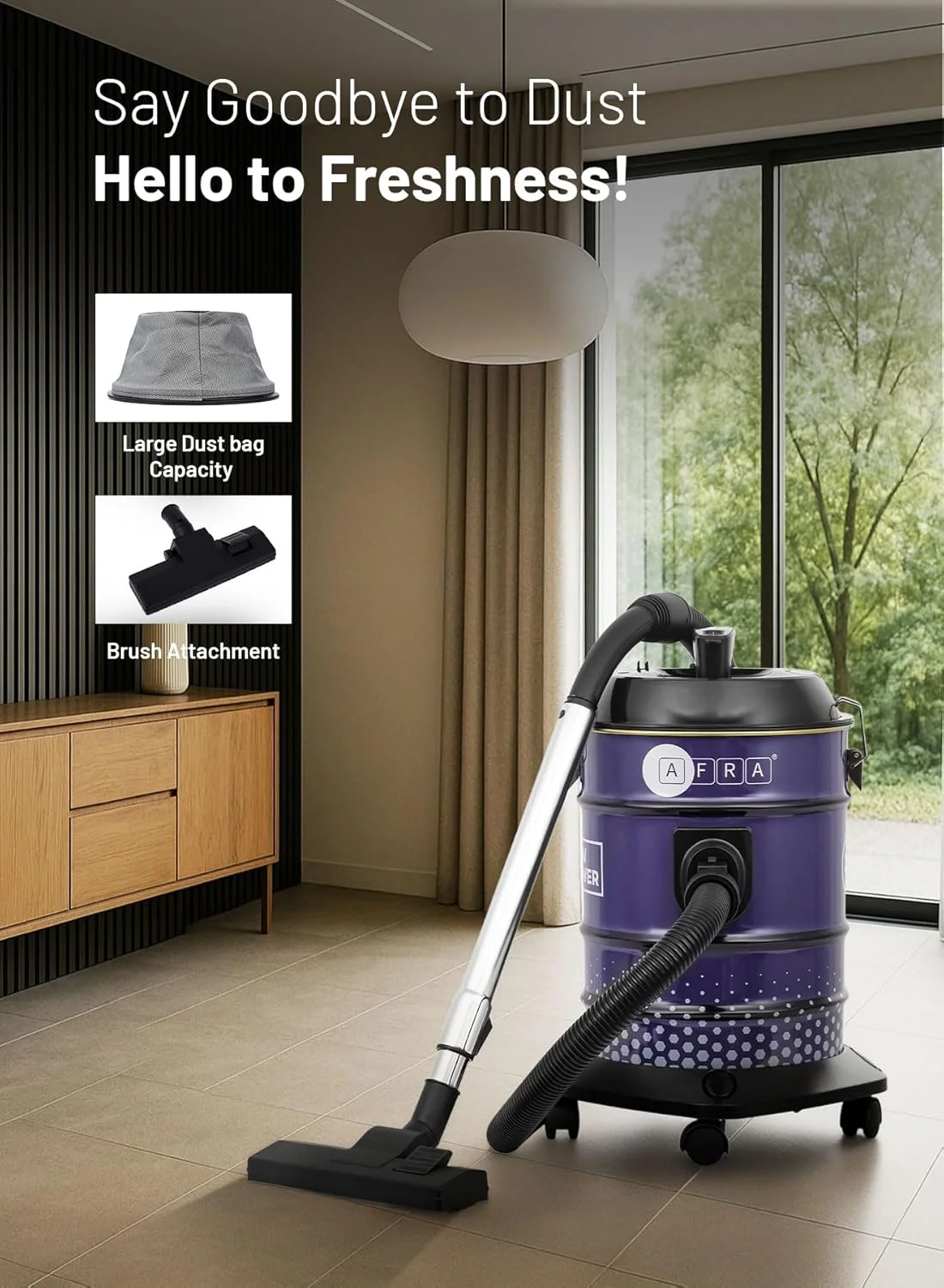 جاروبرقی AFRA مدل AF-2021DRVC، موتور 1800 وات، ظرفیت 21 لیتر، چرخ های متحرک 360 درجه، سیم برق 4 متری جاروبرقی AFRA مدل AF-2021DRVC، موتور 1800 وات، ظرفیت 21 لیتر، چرخ های متحرک 360 درجه، سیم برق 4 متری