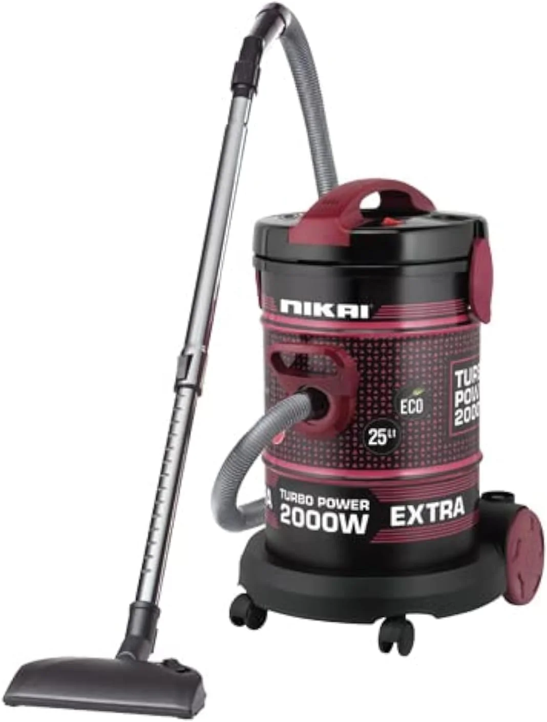 جاروبرقی سطلی نیکای 25 لیتری 2000 وات با دمنده، لوله تلسکوپی و چرخ های 360 درجه، طراحی سبک و جمع و جور، فیلتر اسفنجی، مدل NVC350T، مشکی/قرمز