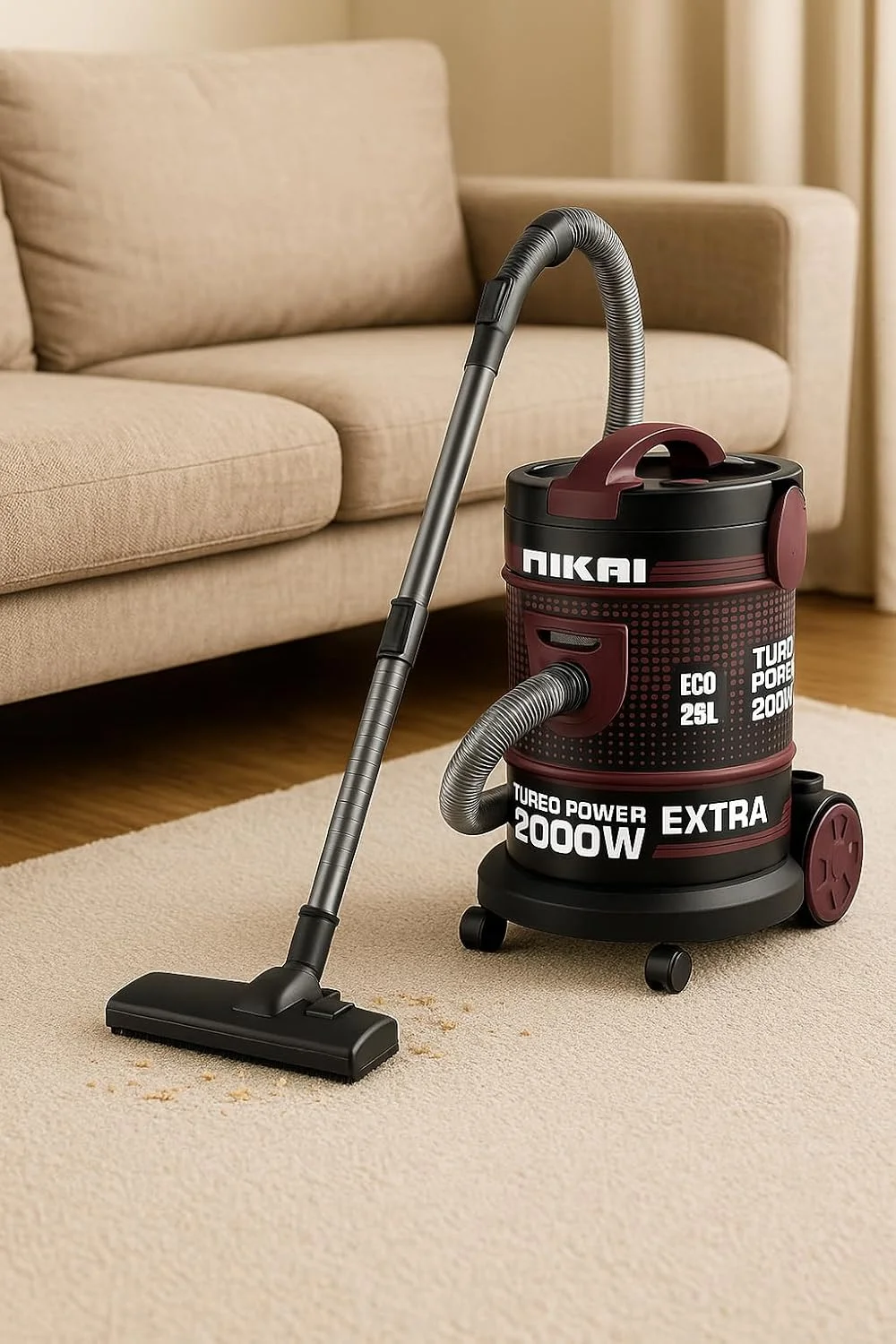 جاروبرقی سطلی نیکای 25 لیتری 2000 وات با دمنده، لوله تلسکوپی و چرخ های 360 درجه، طراحی سبک و جمع و جور، فیلتر اسفنجی، مدل NVC350T، مشکی/قرمز