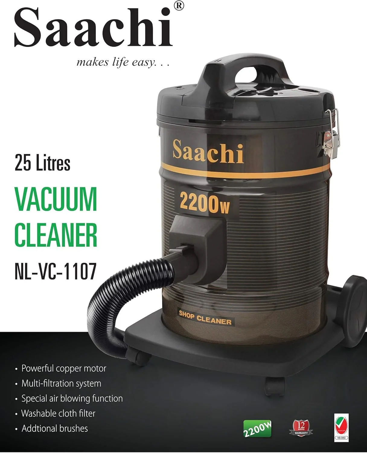 جاروبرقی خشک ساچی مدل NL-VC-1107 با ظرفیت 25 لیتر و توان 2200 وات