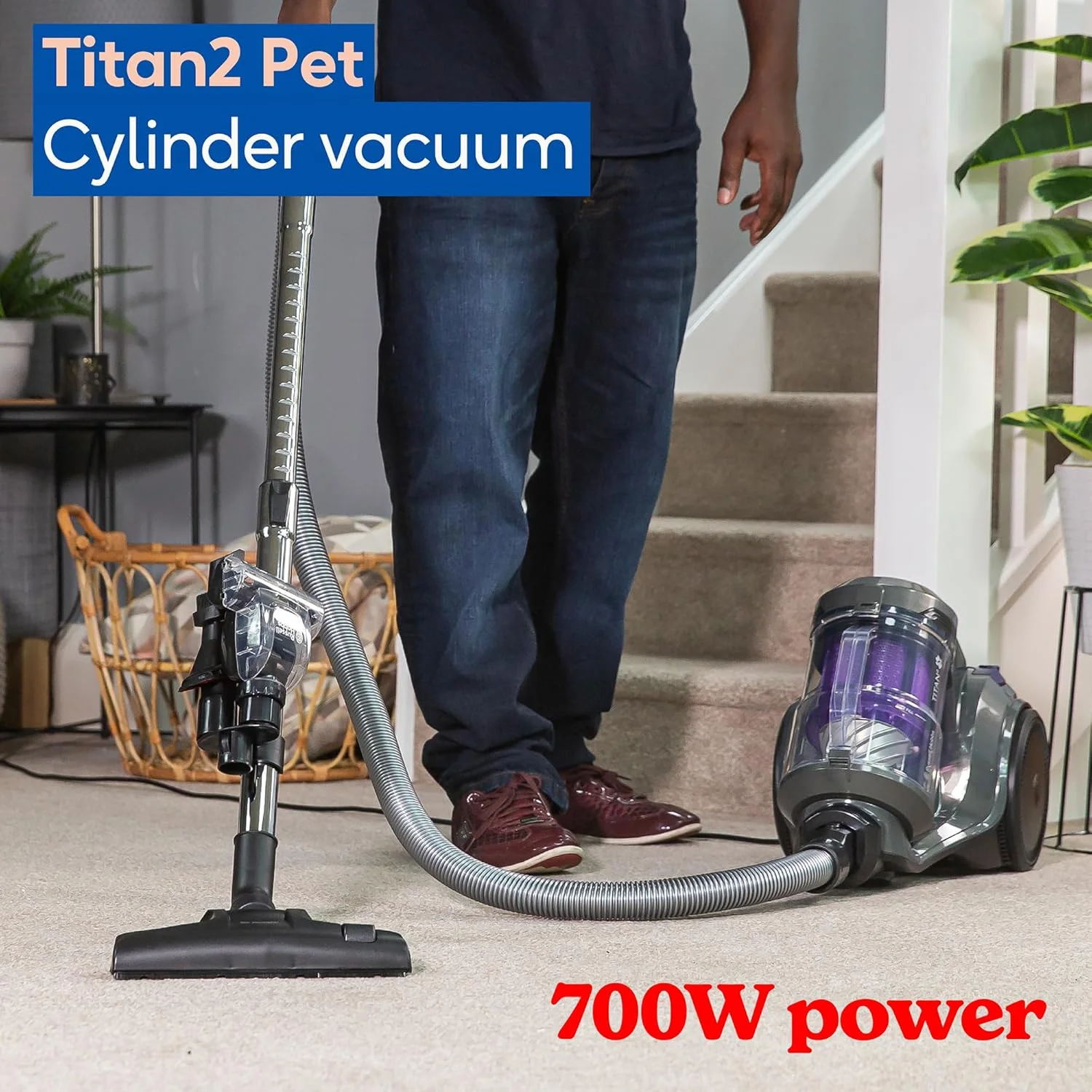 جاروبرقی سطلی راسل هابز TITAN2 PET، خاکستری و بنفش، 3 لیتری، به همراه ابزار چند منظوره 3 در 1، قفل سه گانه گرد و غبار، موتور 700 واتی با راندمان بالا، ابزار توربو مخصوص حیوانات خانگی RHCV4601