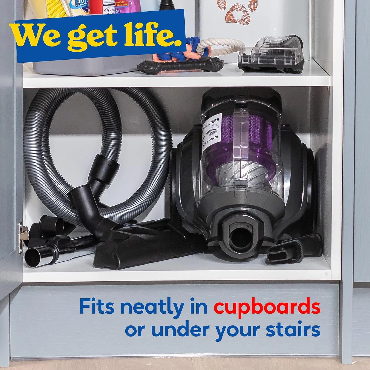 جاروبرقی سطلی راسل هابز TITAN2 PET، خاکستری و بنفش، 3 لیتری، به همراه ابزار چند منظوره 3 در 1، قفل سه گانه گرد و غبار، موتور 700 واتی با راندمان بالا، ابزار توربو مخصوص حیوانات خانگی RHCV4601