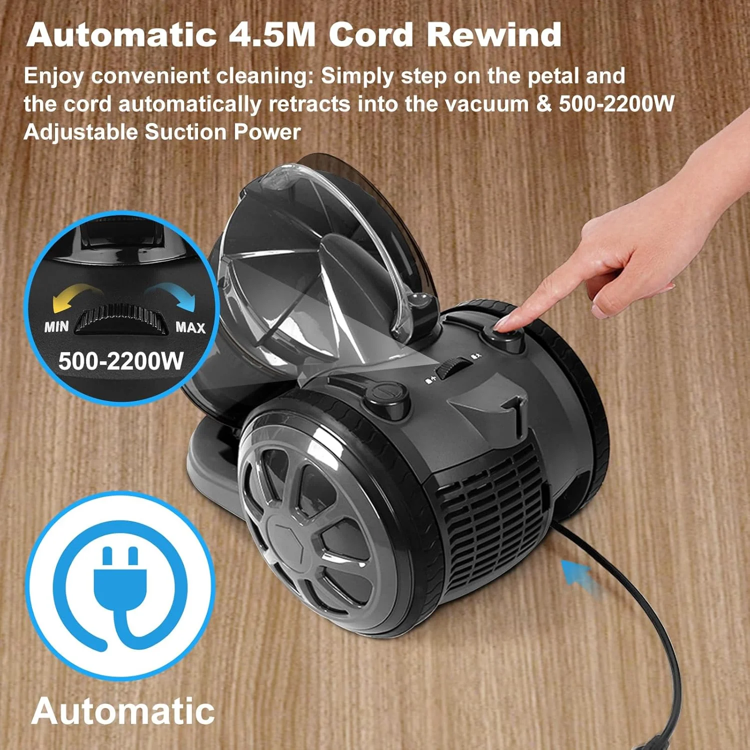 جاروبرقی کیسه ای بدون کیسه Xoopla 2200W، قدرت مکش قابل تنظیم 28Kpa، جاروبرقی سیمی 4.5 متری برای فرش، کاشی، کف سخت، ظرفیت گرد و غبار 2.2 لیتری، تخلیه آسان با رهاسازی تک دکمه ای جاروبرقی کیسه ای بدون کیسه Xoopla 2200W، قدرت مکش قابل تنظیم 28Kpa، جاروبرقی سیمی 4.5 متری برای فرش، کاشی، کف سخت، ظرفیت گرد و غبار 2.2 لیتری، تخلیه آسان با رهاسازی تک دکمه ای