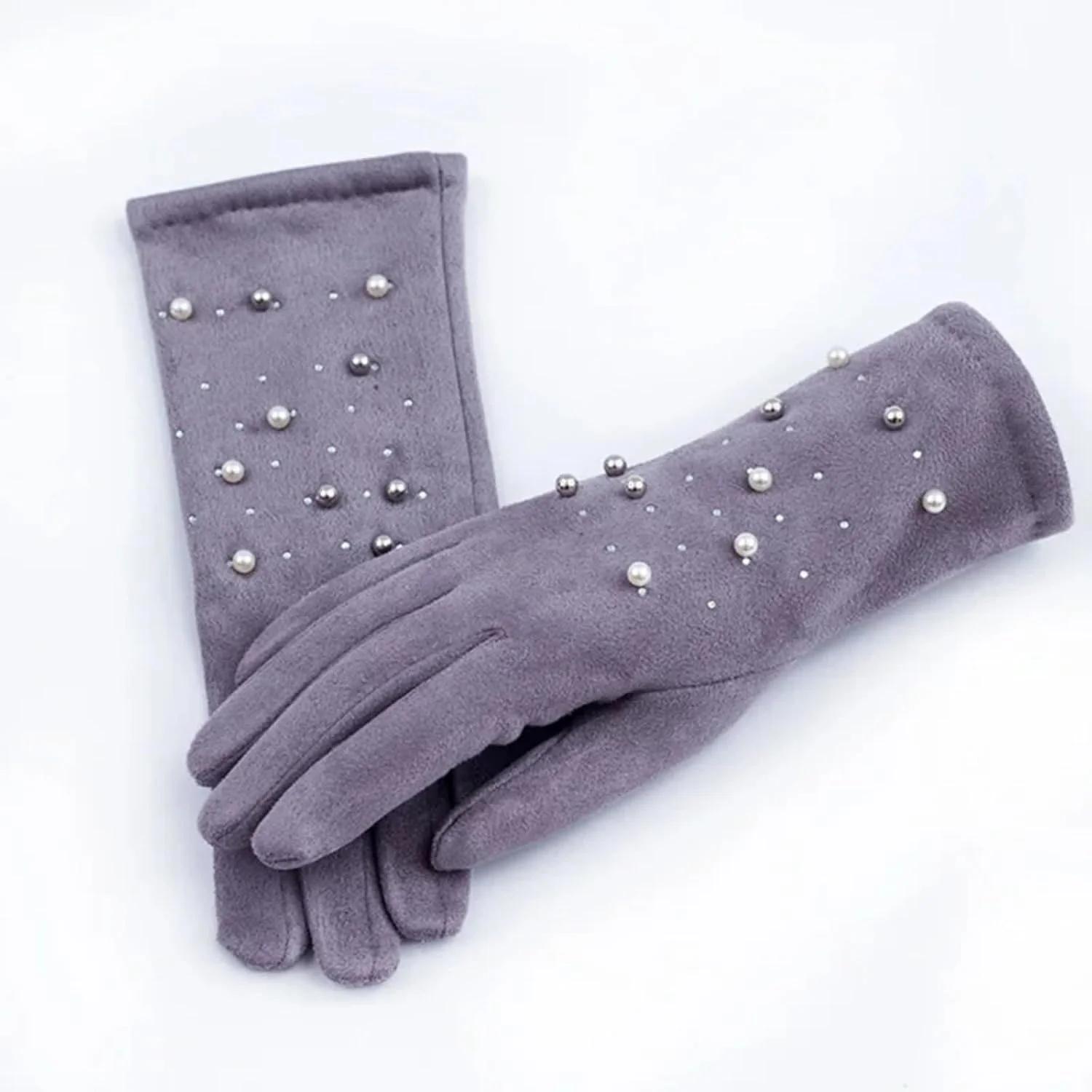 liyang Winter Gloves for Women Winter Suede Leather Thick Plush Warm Driving Mitten Pearl Touch Screen Cycling Glove