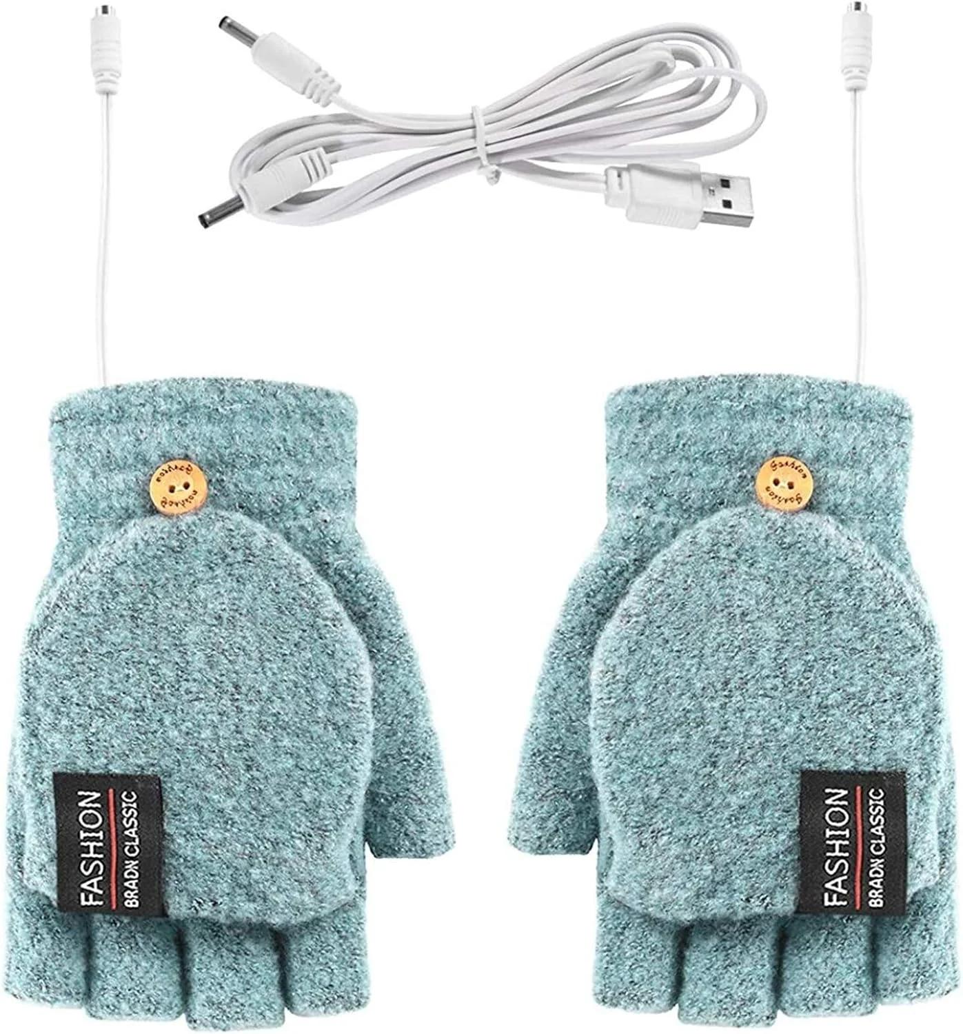 USB Heated Gloves, Winter Knitted Gloves Half Finger Heated Mitten with Finger Cover for Men Women