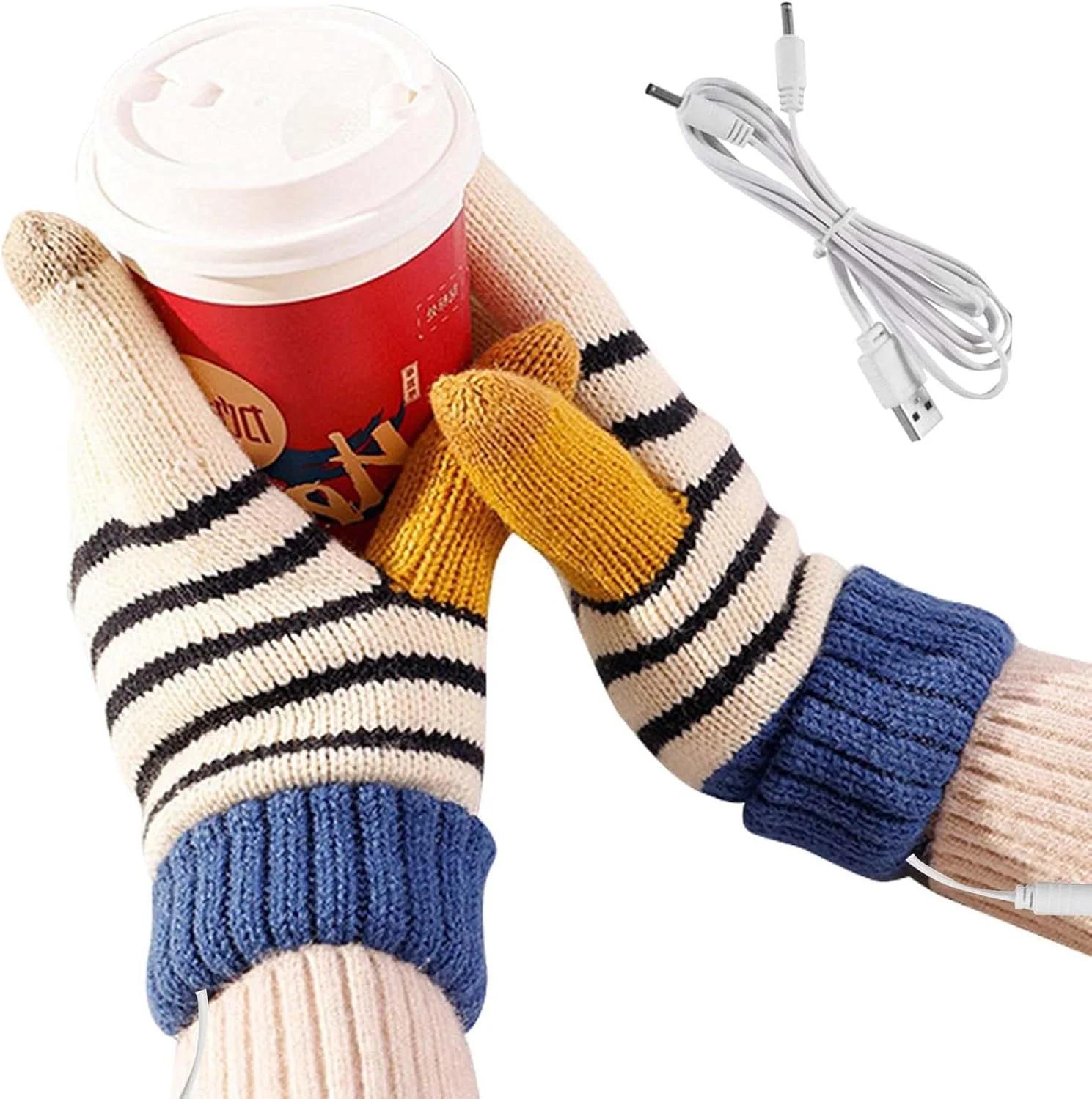 دستکش های گرم شونده USB برای زنان و مردان، دستکش های زمستانی لمسی زنانه، دستکش بافتنی قابل شارژ، مناسب برای هر دو جنس