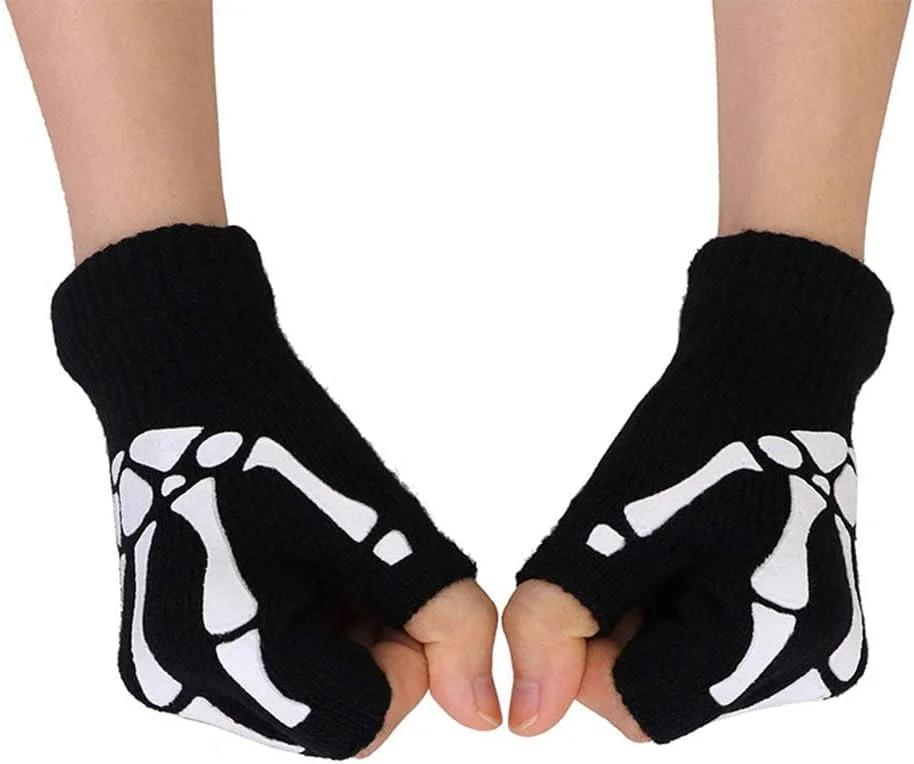 Nurnesy Unisex Skeleton Gloves Luminous Skeleton Gloves Fingerless Gloves Knitted Winter Mittens
