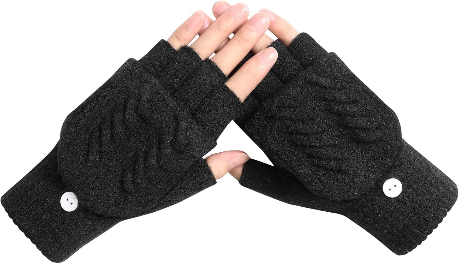 Premillow Winter Fingerless Gloves for Women, Convertible Half Finger Womens Winter Gloves Mittens, Warm Wool Gloves, 1 Pairs