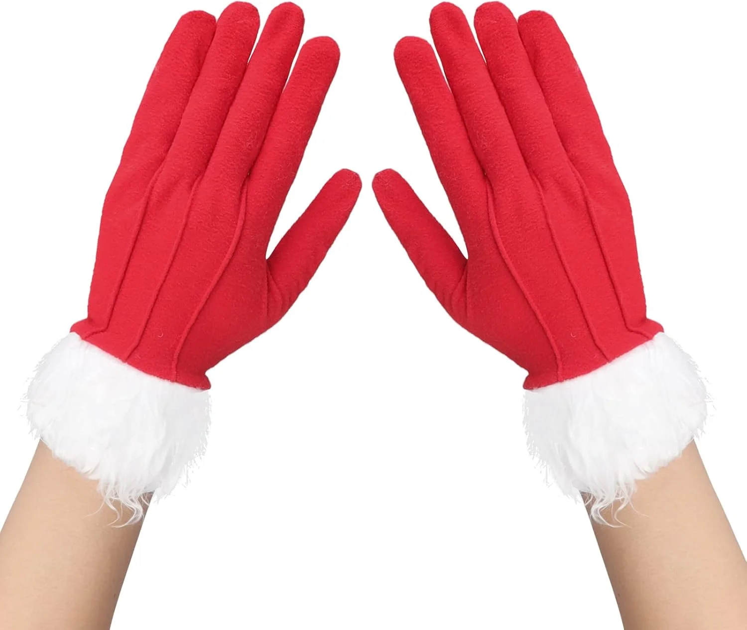دستکش های کریسمس زنانه و دخترانه TINAYAUE Miss Santa، مخملی کشسان، قرمز، با سرآستین خزدار سفید، دستکش های زمستانی گرم با انگشتان کامل، لوازم جانبی لباس فانتزی مهمانی تولد، قرمز، سایزFree