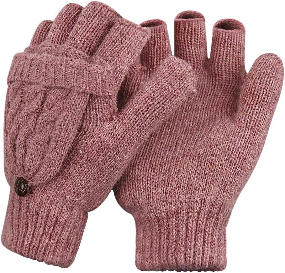 Women Girls Gloves Half Finger Texting Gloves Winter Warm Snow Cycling Running Knit Lady Smartphone Thermal Insulation Mittens Gloves with Mitten Cover Xmas Gifts (Red)