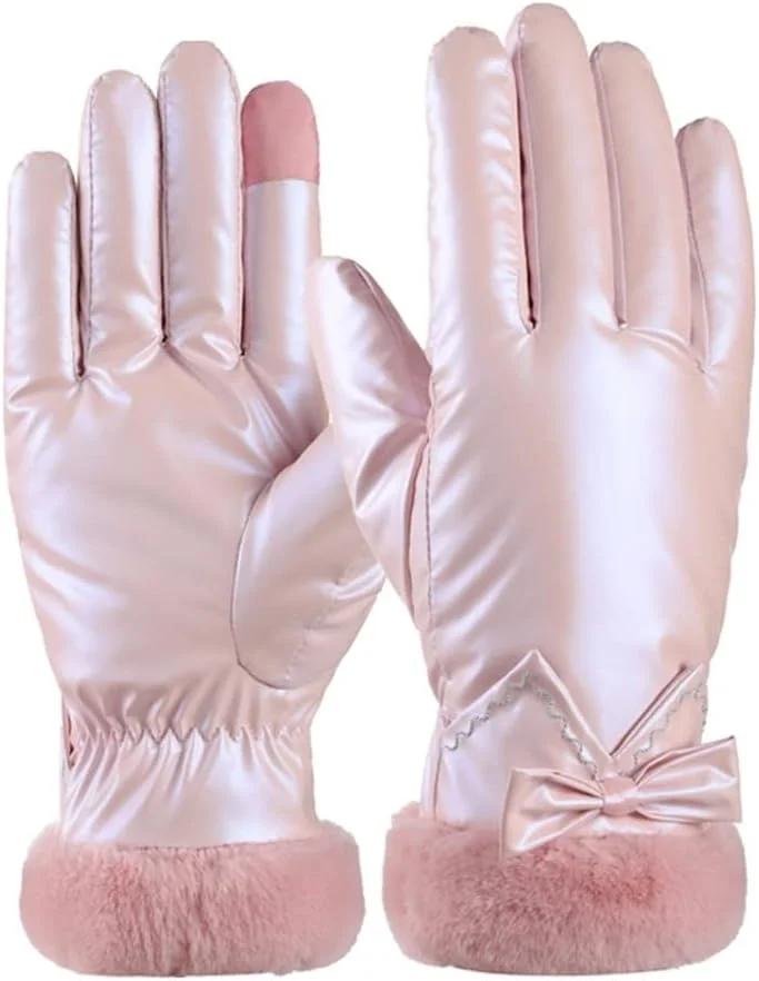 Women Winter Plus Velvet Thicken Keep Warm Touch Screen Shiny Fashion Cute Plush Wrist Waterproof Cycling Ski Mittens Gloves (Color : Pink) tool