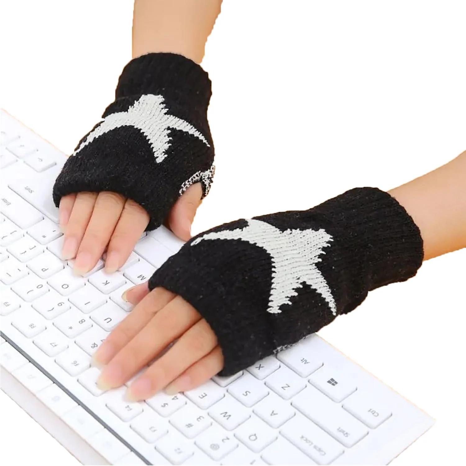 TFHUGFHG Black Fingerless Warm Gloves Print Star for women Warm Thumb Hole Knitted Wrist Length Mitten Gloves, One Size