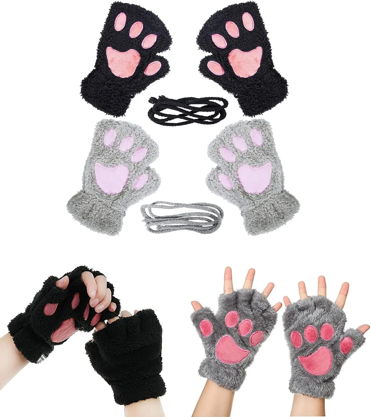 دستکش های پنجه گربه ای زنانه TERRIFI، دستکش های زمستانی مخملی و خز مصنوعی، دستکش های بدون انگشت بچه گربه، 2 جفت