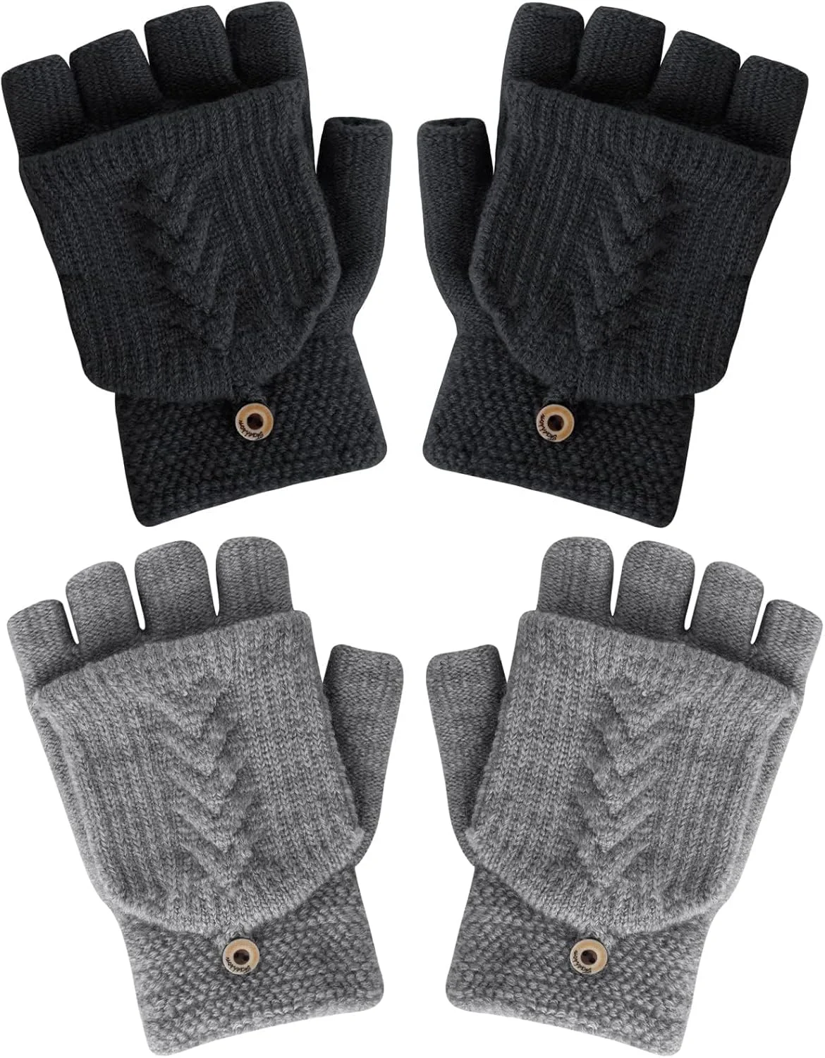 دستکش زمستانی زنانه تزویق، بسته 2 عددی، دستکش های بافتنی گرم و بدون انگشت تبدیل شونده با پوشش دستکش، مشکی خاکستری، سایز واحد، هدیه برای زنان