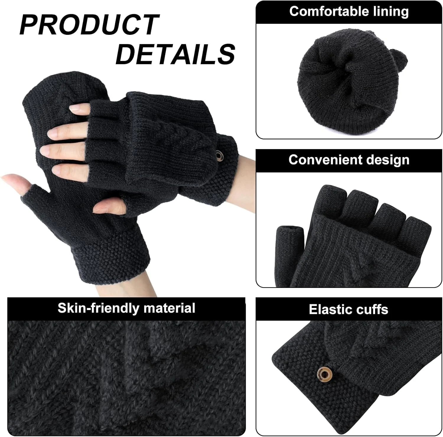 دستکش زمستانی زنانه تزویق، بسته 2 عددی، دستکش های بافتنی گرم و بدون انگشت تبدیل شونده با پوشش دستکش، مشکی خاکستری، سایز واحد، هدیه برای زنان دستکش زمستانی زنانه تزویق، بسته 2 عددی، دستکش های بافتنی گرم و بدون انگشت تبدیل شونده با پوشش دستکش، مشکی خاکستری، سایز واحد، هدیه برای زنان