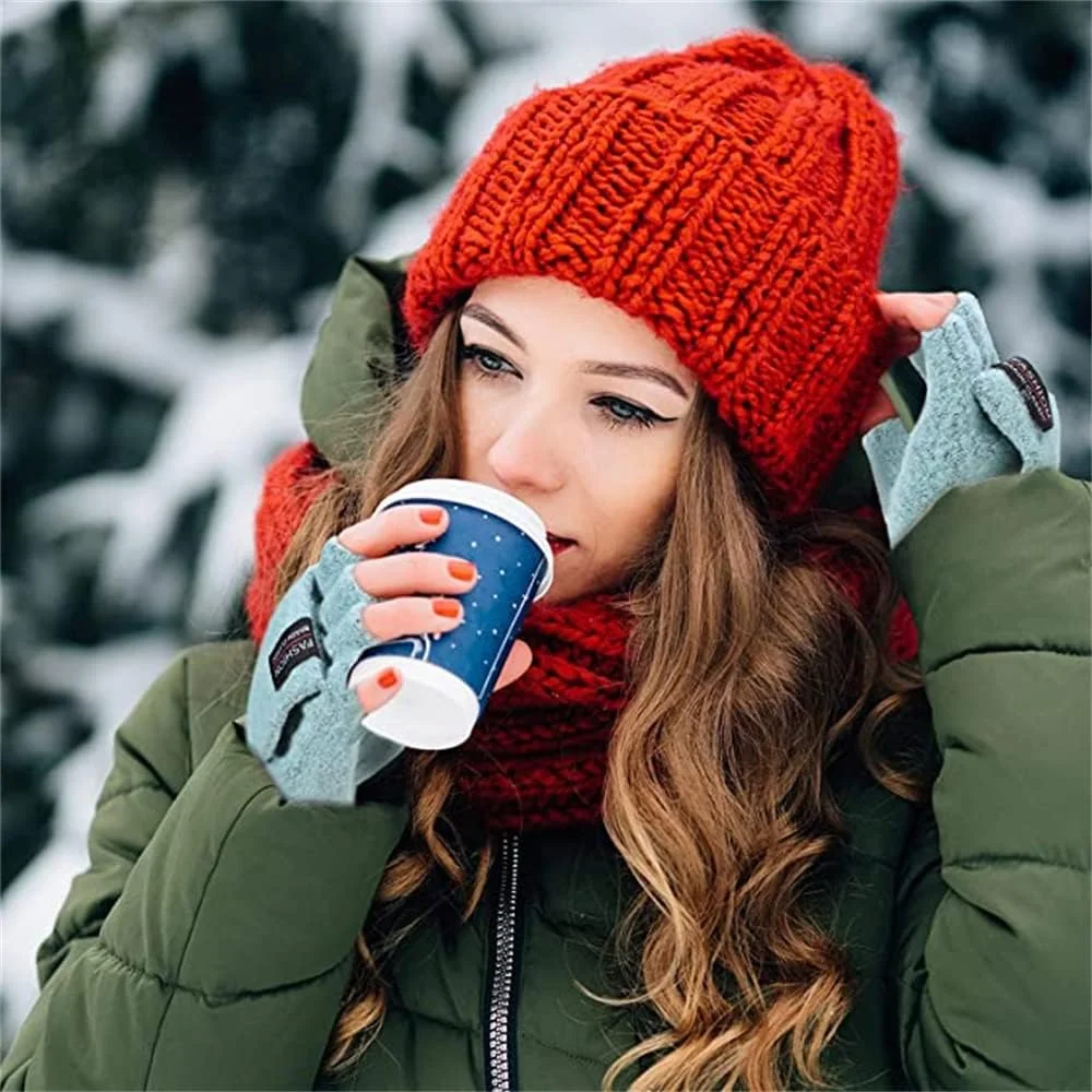 دستکش های زمستانی زنانه با قابلیت لمس صفحه نمایش، دستکش های بافتنی پشمی گرم با سرآستین کشی برای استفاده در زمستان