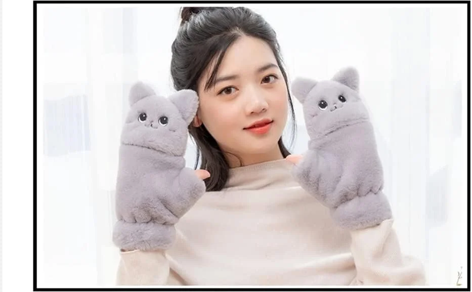 SJTJSPX دستکش زنانه دستکش های حرارتی زمستانی دستکش های صفحه لمسی دستکش های تبدیل شونده با پوشش دستکش های نیمه انگشتی دستکش های بدون انگشت دستکش های گربه ای زیبا دستکش های کارتونی کاوایی برای خانم ها و بچه ها