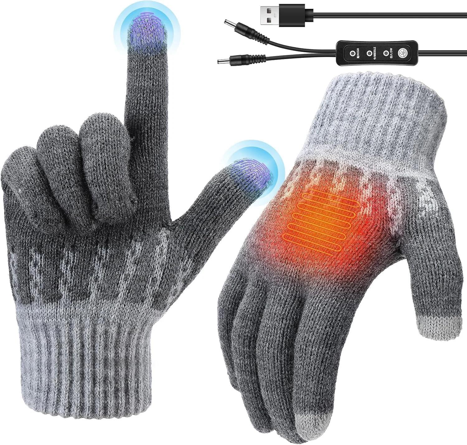 دستکش های گرمایشی USB NALACAL برای مردان و زنان، دستکش های بافتنی گرم زمستانی تمام انگشتی گرم کننده دست، دستکش های لمسی با 3 سطح دما، دستکش های یونیسکس قابل شستشو برای داخل و خارج از منزل (خاکستری)