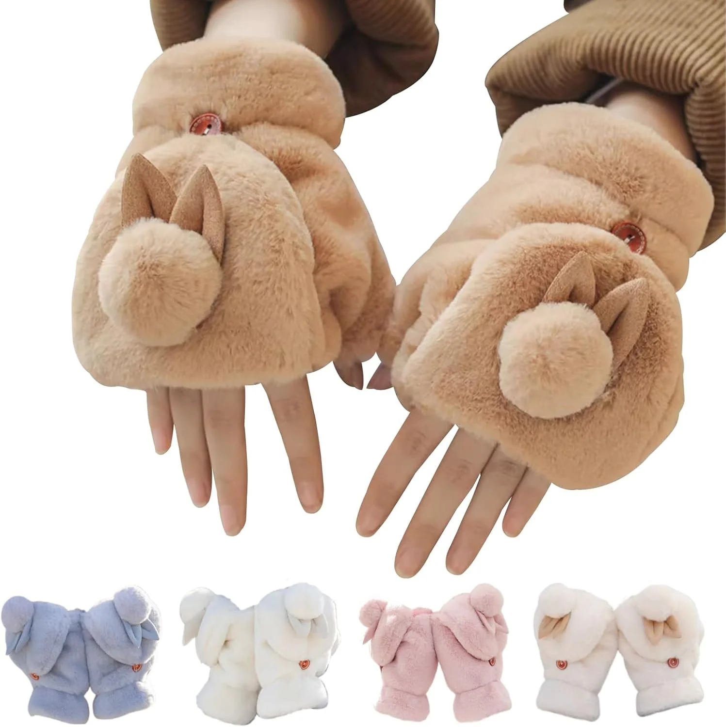 دستکش های خرگوشی نالاکال، دستکش های زمستانی گرم و بامزه حیوانی - دستکش های بدون انگشت خرگوشی تبدیل شونده، دستکش های بدون انگشت زمستانی زنانه، دستکش های ضخیم پولیشی با سرپوش تاشو، برای هوای سرد