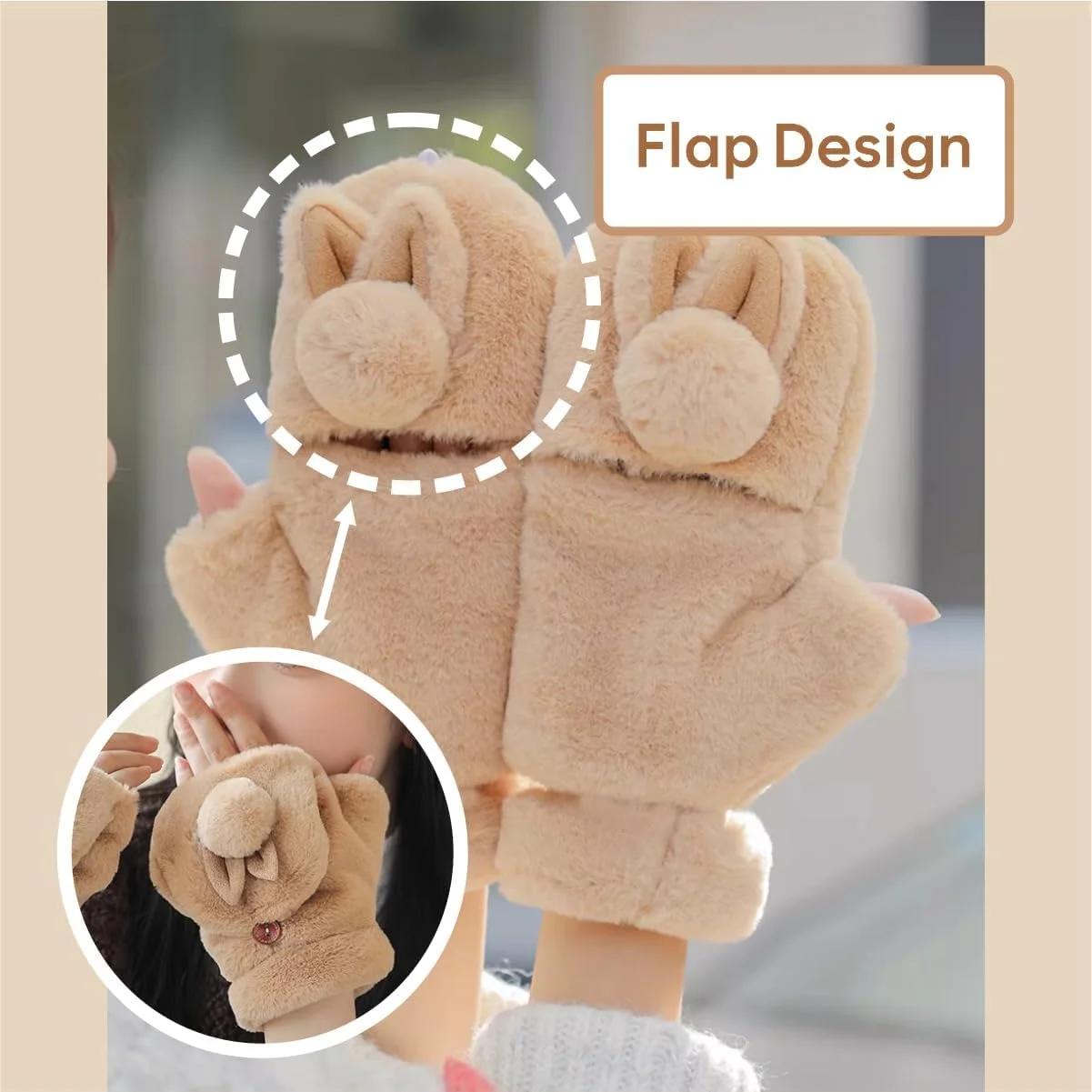 دستکش های خرگوشی نالاکال، دستکش های زمستانی گرم و بامزه حیوانی - دستکش های بدون انگشت خرگوشی تبدیل شونده، دستکش های بدون انگشت زمستانی زنانه، دستکش های ضخیم پولیشی با سرپوش تاشو، برای هوای سرد