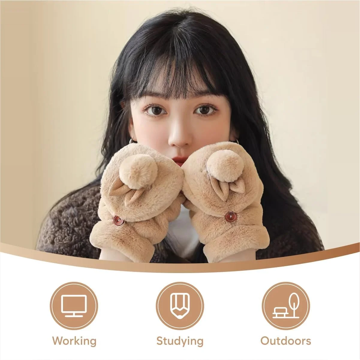 دستکش های خرگوشی نالاکال، دستکش های زمستانی گرم و بامزه حیوانی - دستکش های بدون انگشت خرگوشی تبدیل شونده، دستکش های بدون انگشت زمستانی زنانه، دستکش های ضخیم پولیشی با سرپوش تاشو، برای هوای سرد