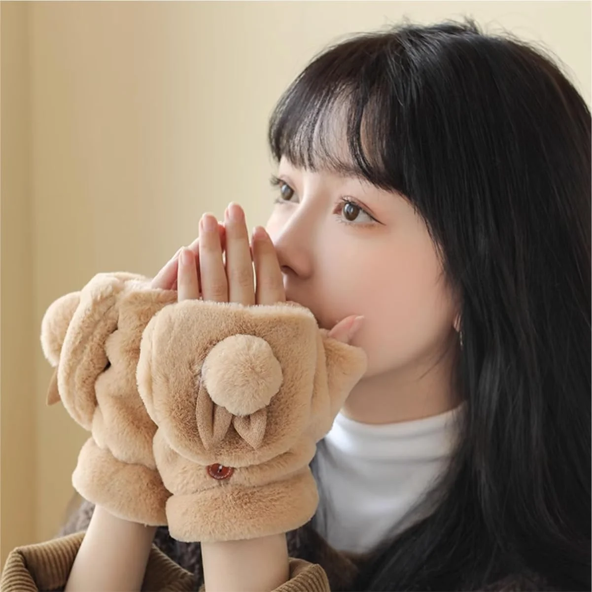 دستکش های خرگوشی نالاکال، دستکش های زمستانی گرم و بامزه حیوانی - دستکش های بدون انگشت خرگوشی تبدیل شونده، دستکش های بدون انگشت زمستانی زنانه، دستکش های ضخیم پولیشی با سرپوش تاشو، برای هوای سرد