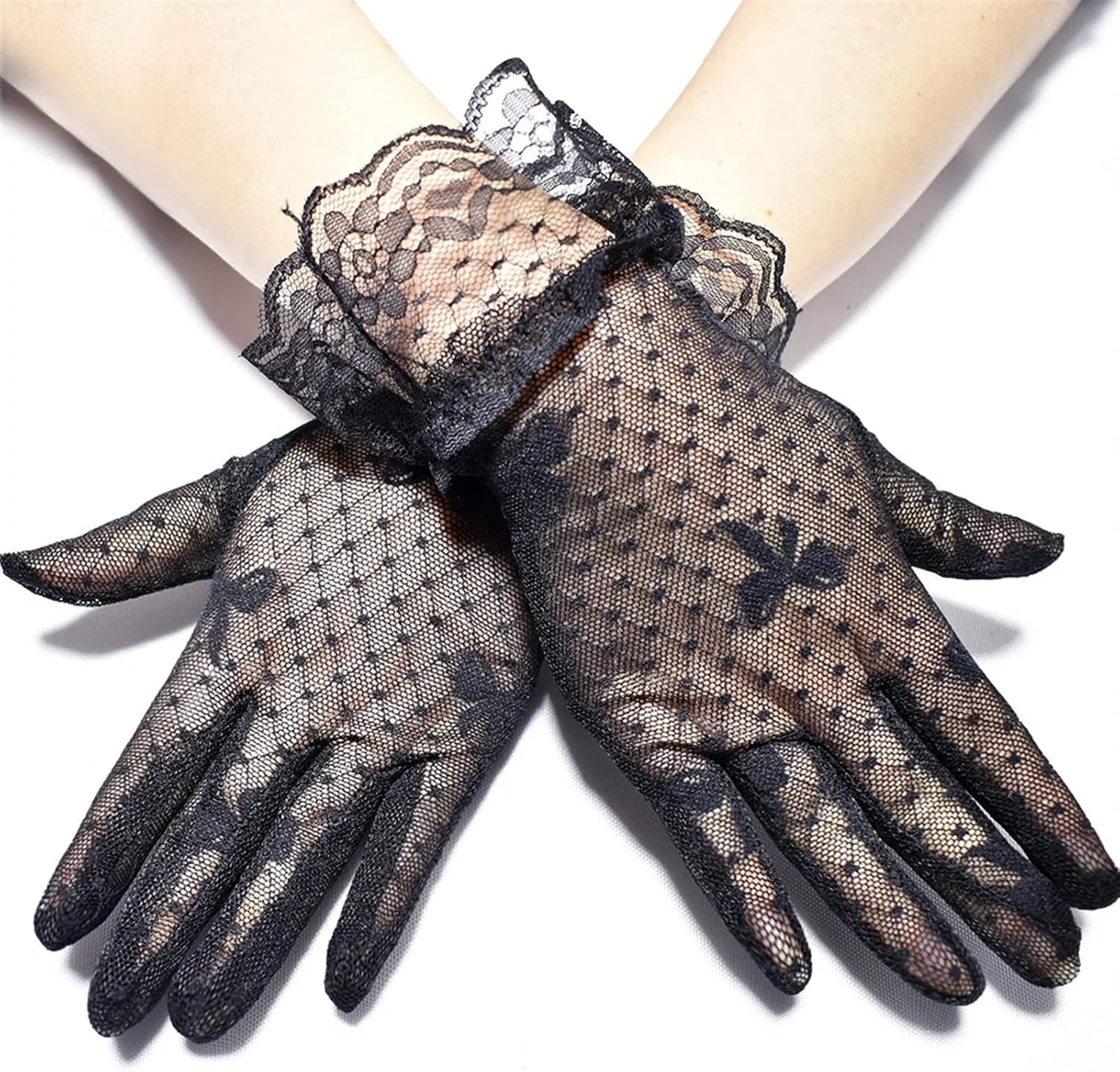 دستکش های توری مشکی زنانه YWLETO مناسب رانندگی در تابستان، ضد آفتاب، با پاپیون، مناسب عروسی