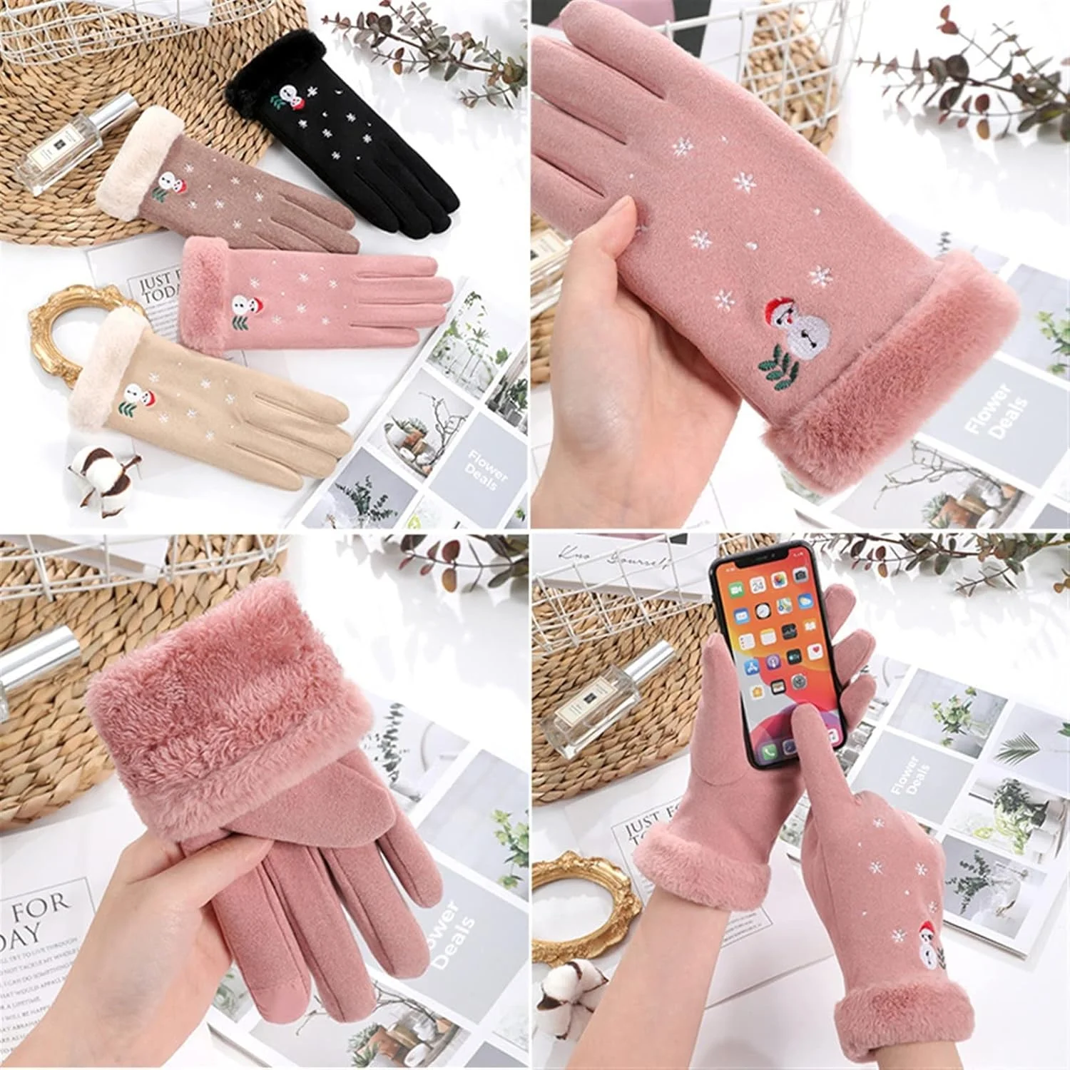 دستکش های زنانه YWLETO طرح دانشجویی زمستانی، دستکش های مخملی ضخیم گرم ورزشی مناسب اسکی و دارای قابلیت استفاده از صفحه لمسی، طرح آدم برفی