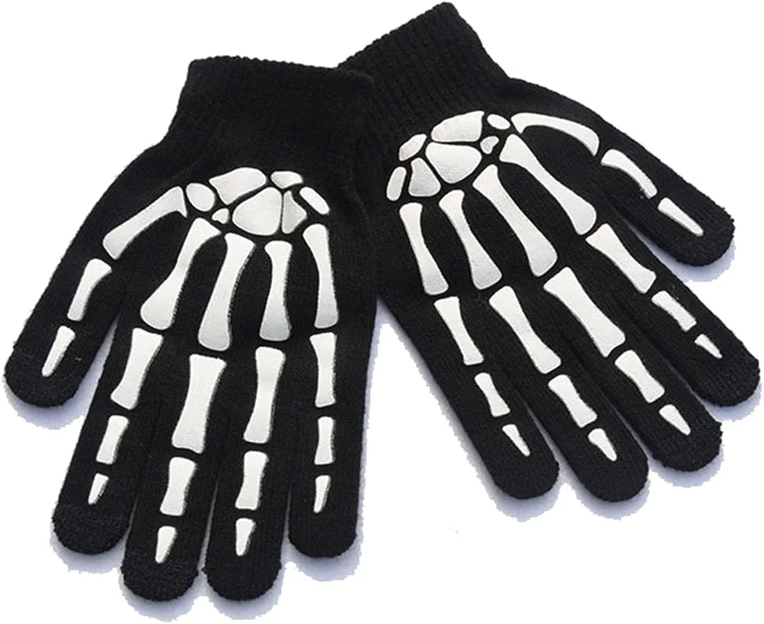 دستکش بافتنی شب‌تاب طرح اسکلت YWLETO مناسب رانندگی و گرم نگه داشتن دست‌ها - زنانه (رنگ: مشکی 1)
