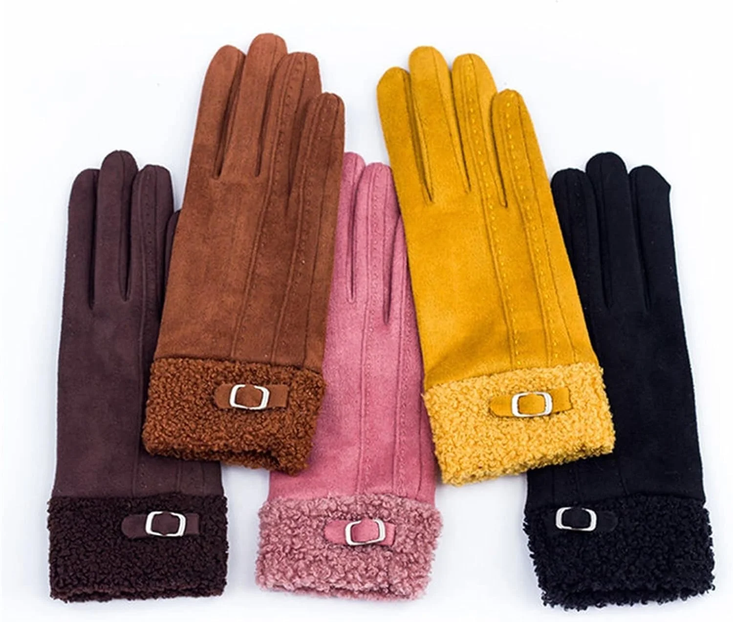 دستکش های سواری چرمی جیر زمستانی YWLETO با مخمل، دستکش های گرم زنانه، مچ بند مخملی، دستکش های ضخیم رانندگی با صفحه لمسی برای زنان (سایز: صورتی)