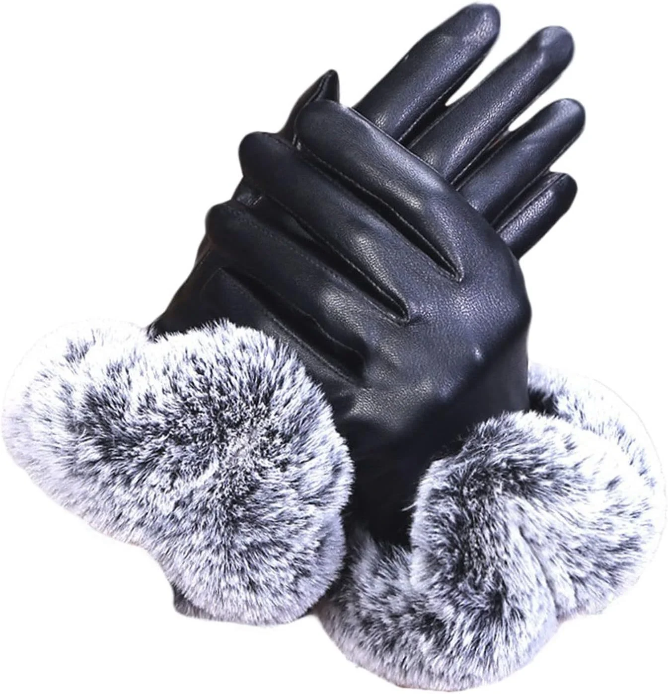دستکش چرمی مشکی زنانه YWLETO مناسب پاییز و زمستان، دستکش های مهمانی خز خرگوشی گرم