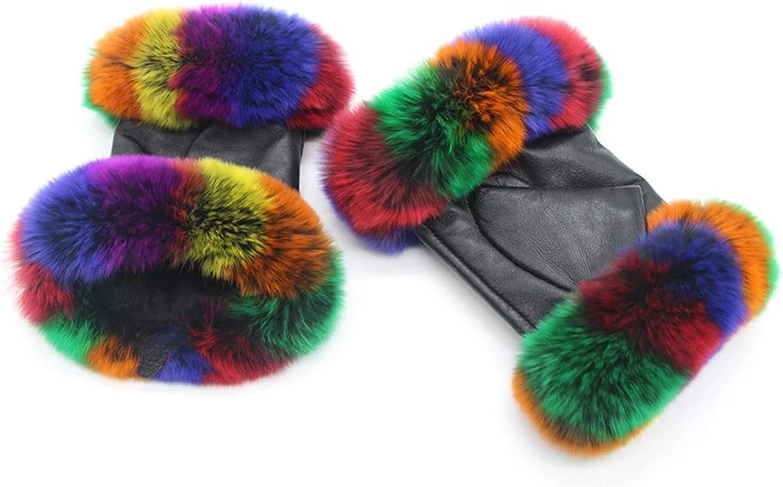 دستکش چرمی YWLETO زنانه مدل زمستانی فانتزی رنگی پوست خرگوش و گوسفند نیم انگشتی