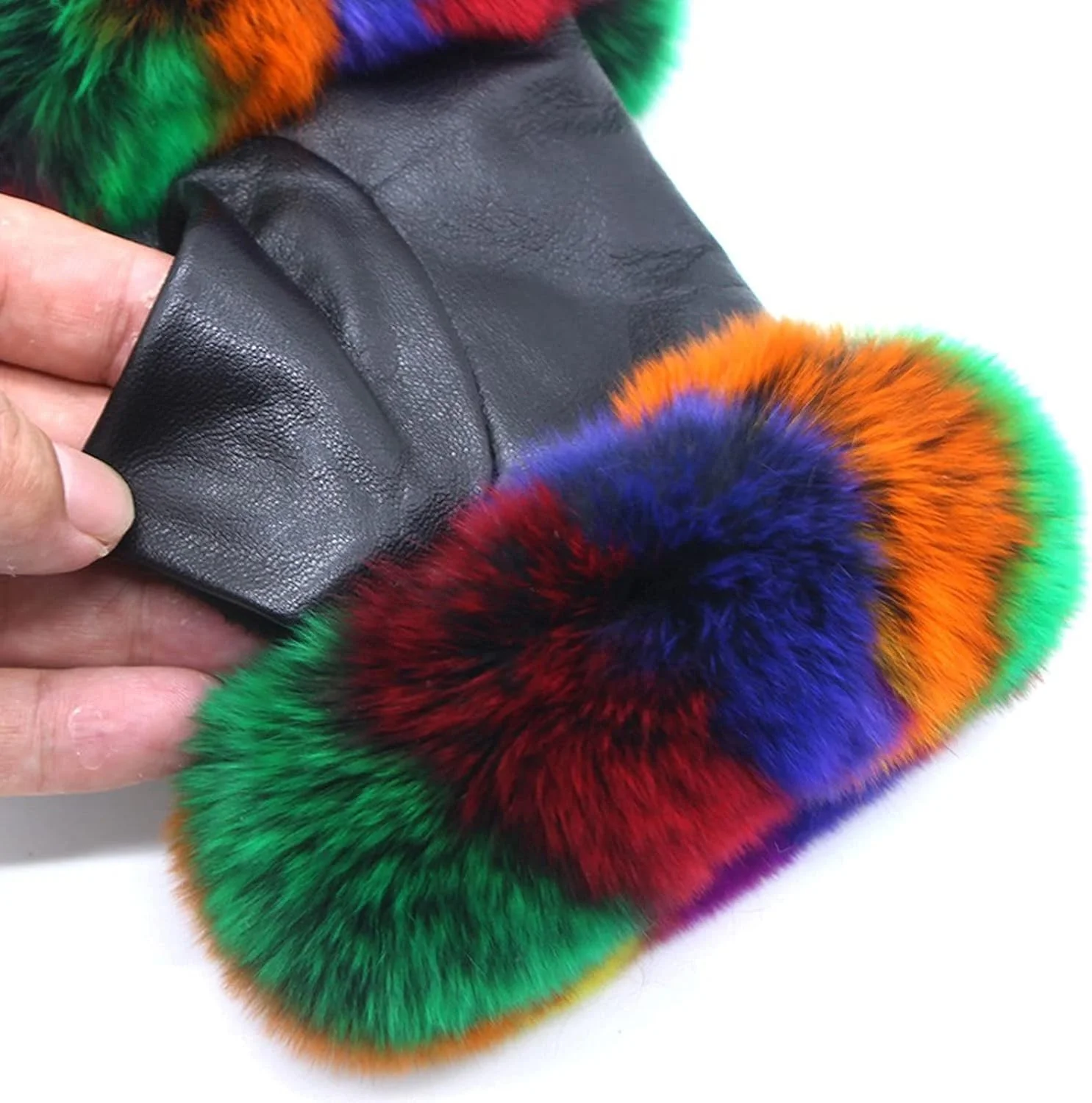 دستکش چرمی YWLETO زنانه مدل زمستانی فانتزی رنگی پوست خرگوش و گوسفند نیم انگشتی