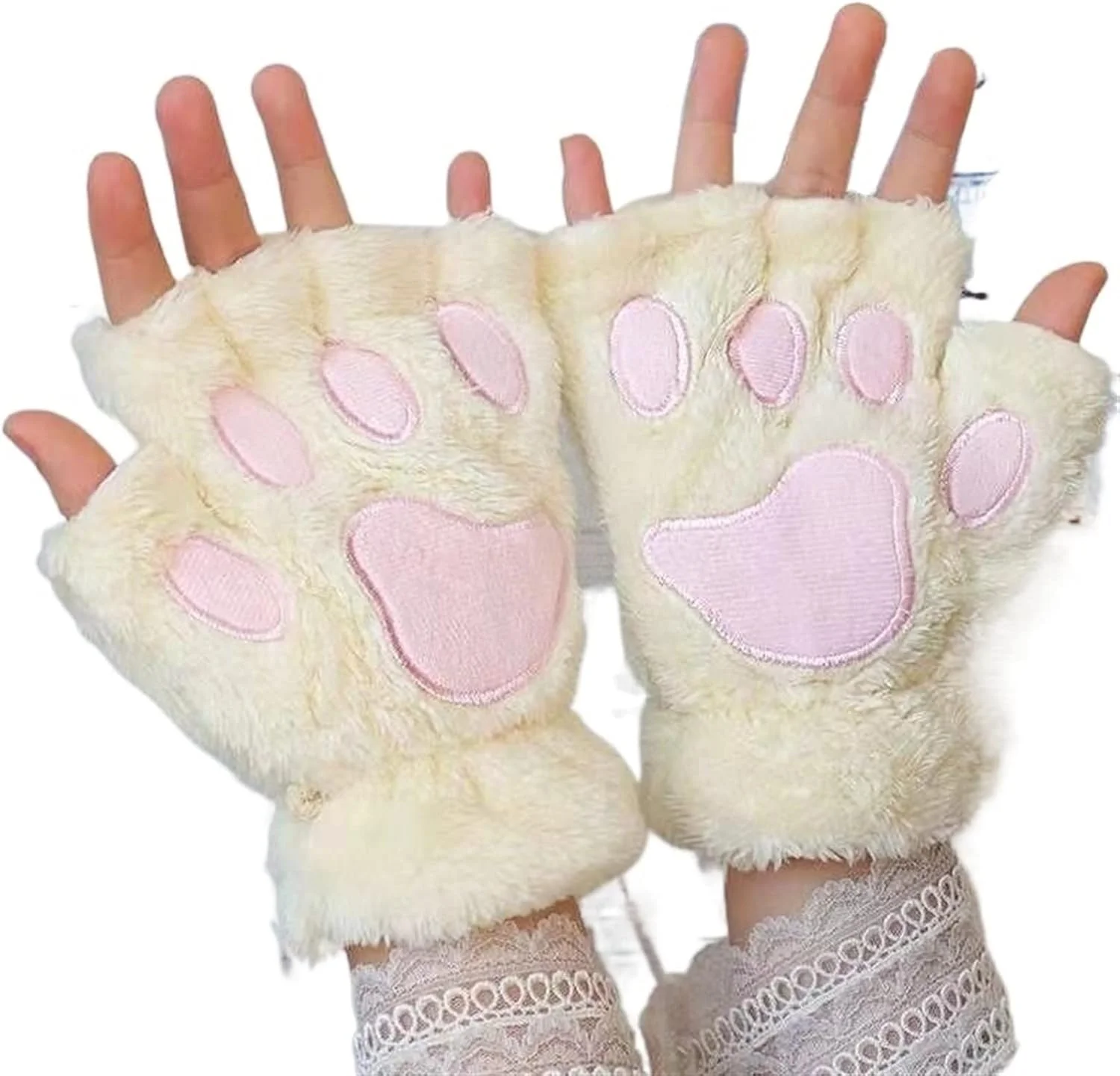 دستکش های پولیشی پنجه گربه زنانه YWLETO، دستکش های گرم، نرم، پولیشی، کوتاه، بدون انگشت، کرکی، خرس گربه ای، دستکش های نیمه انگشتی، هدیه مهمانی برای زنان