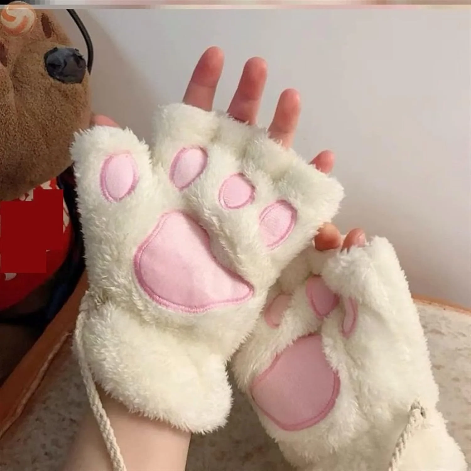 دستکش های پولیشی پنجه گربه زنانه YWLETO، دستکش های گرم، نرم، پولیشی، کوتاه، بدون انگشت، کرکی، خرس گربه ای، دستکش های نیمه انگشتی، هدیه مهمانی برای زنان