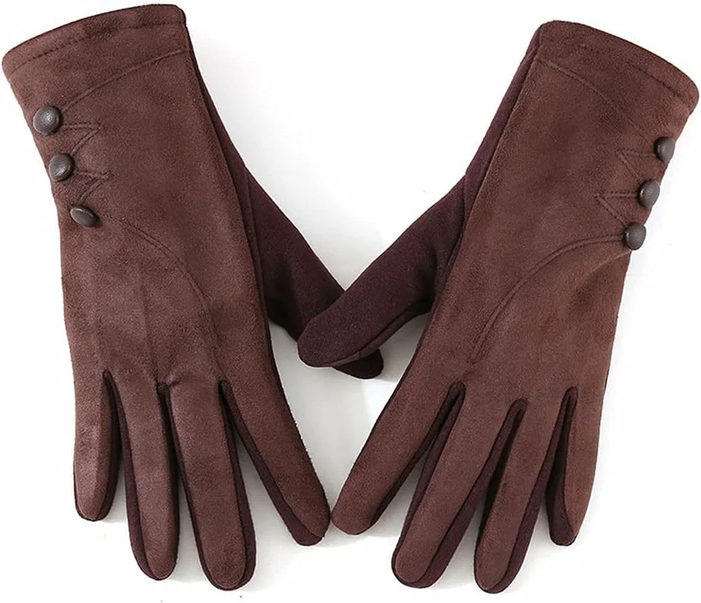 دستکش زمستانی زنانه YWLETO، دستکش های گرم замше ای با قابلیت لمس صفحه نمایش، دکمه تزئینی، ضد باد، مناسب دوچرخه سواری، مخصوص بانوان (رنگ: قهوه ای)