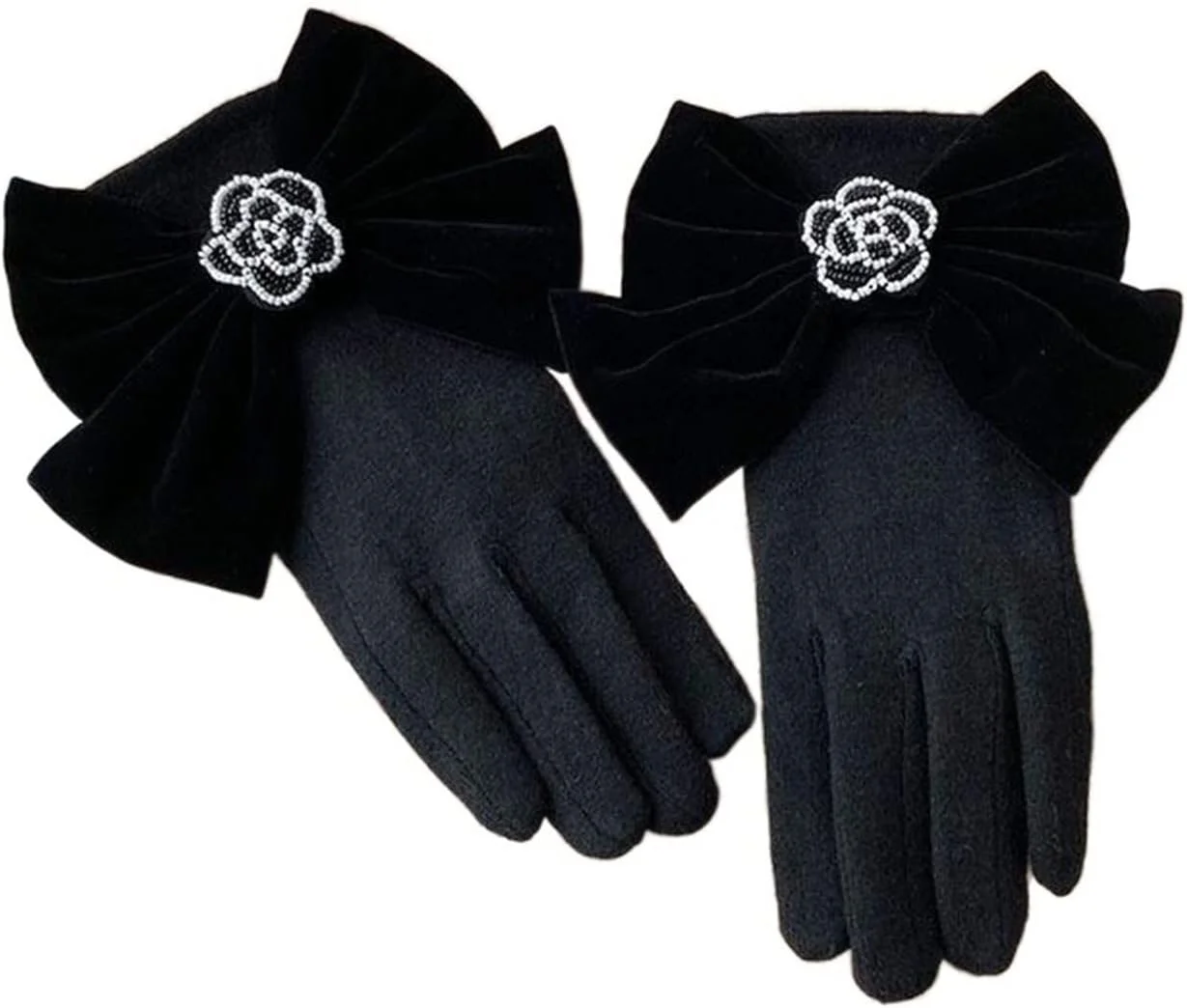 دستکش زنانه کشمیر YWLETO، دست‌ساز، دارای تزیینات مهره‌ای، طرح کاملیا، مناسب فصل زمستان، دستکش‌های سوارکاری، دارای قابلیت استفاده از صفحه لمسی