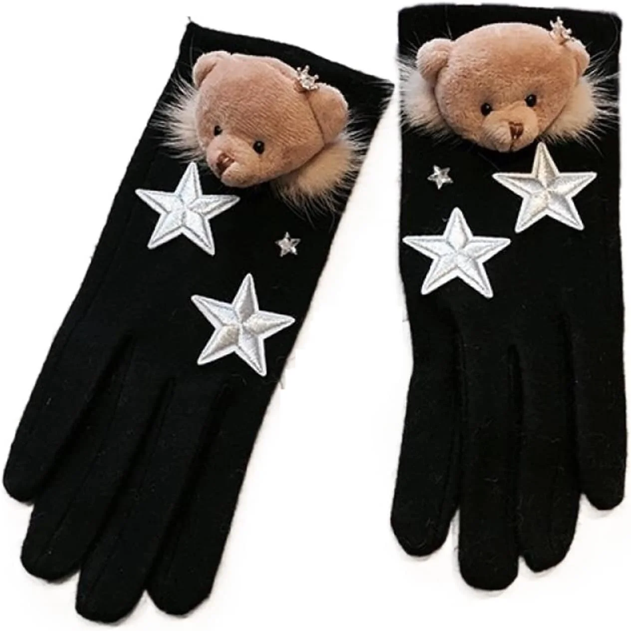 دستکش زنانه YWLETO طرح خرس تاجی ستاره ای، گرم، مناسب دوچرخه سواری، انگشتی جدا و کامل، دستکش های بدون انگشت زنانه