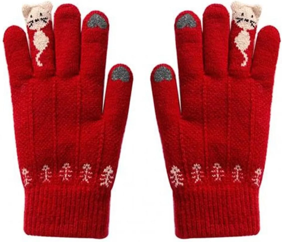 دستکش زنانه YWLETO زمستانی طرح گربه کارتونی، دستکش های تمام انگشتی با قابلیت استفاده از صفحه لمسی، دستکش بافتنی زنانه (رنگ: آبی تیره)